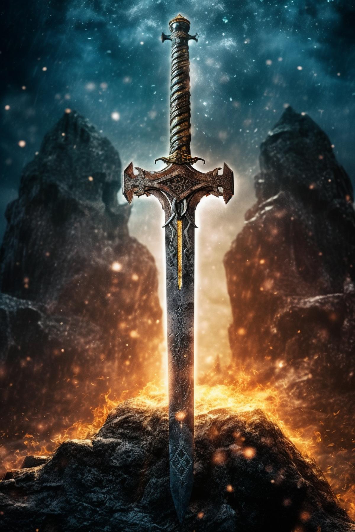 real sword of King Arthur in stone, lightning, sparks, mythology of the countries of northern Europe