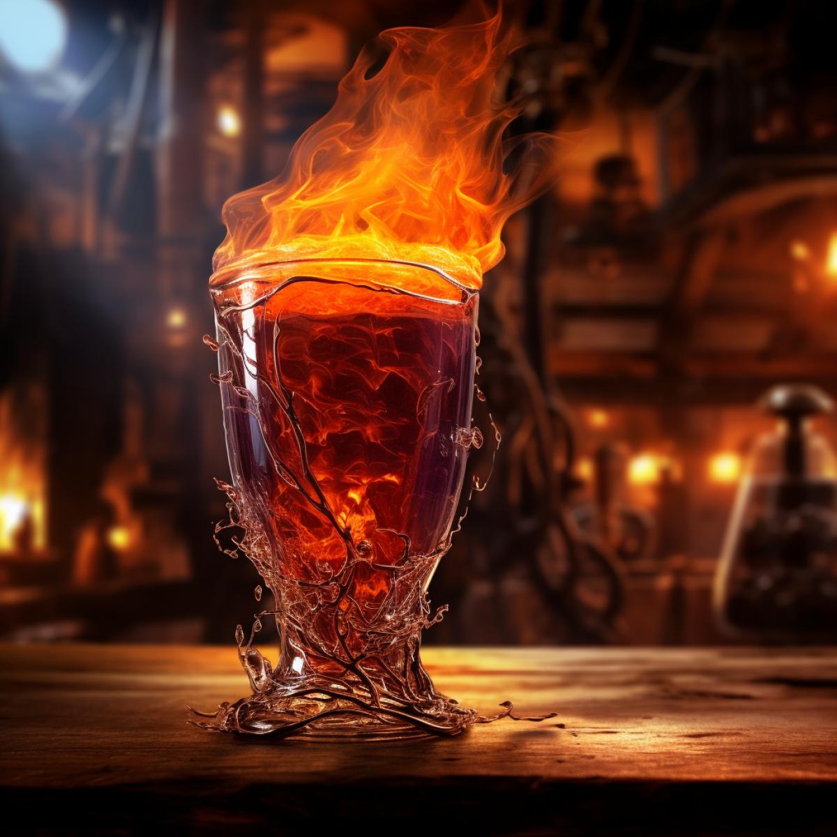 fantasy drink resembling molten magma, fire plume, flaming jeyser on surface, fiery smoke,rockettail, elixir, pint, glass, liquid, fantasy vessel, standing on wooden table, tavern, dynamic angle, epic, station stylized artwork, magic, fantasy, sky and clouds, world of magic, fantasy