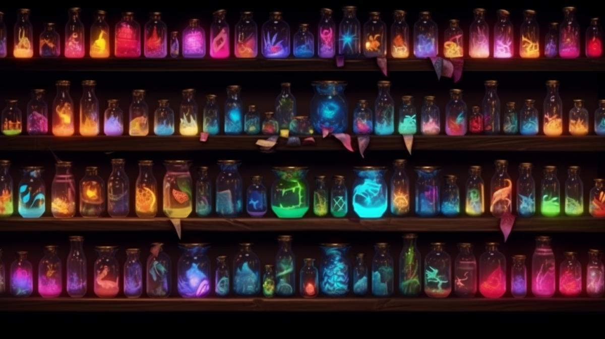 Magic potions in crooked beautiful flasks, multi-colored luminous potions, on a witchs shelf
