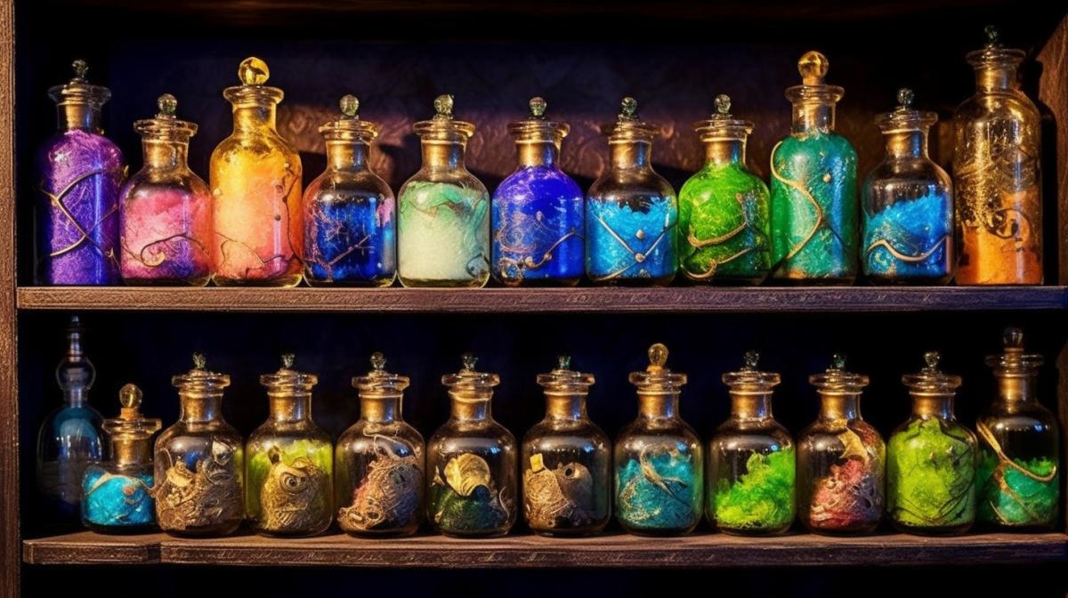 Magic potions in crooked beautiful flasks, multi-colored luminous potions, on a witchs shelf