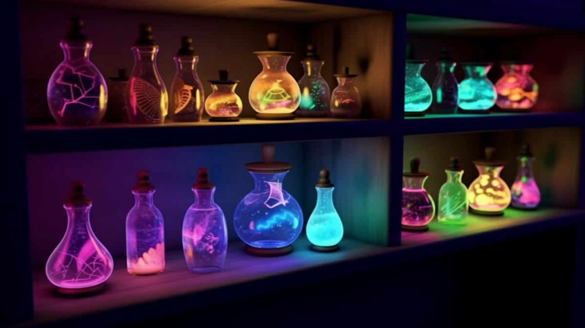 Magic potions in crooked beautiful flasks, multi-colored luminous potions, on a witchs shelf
