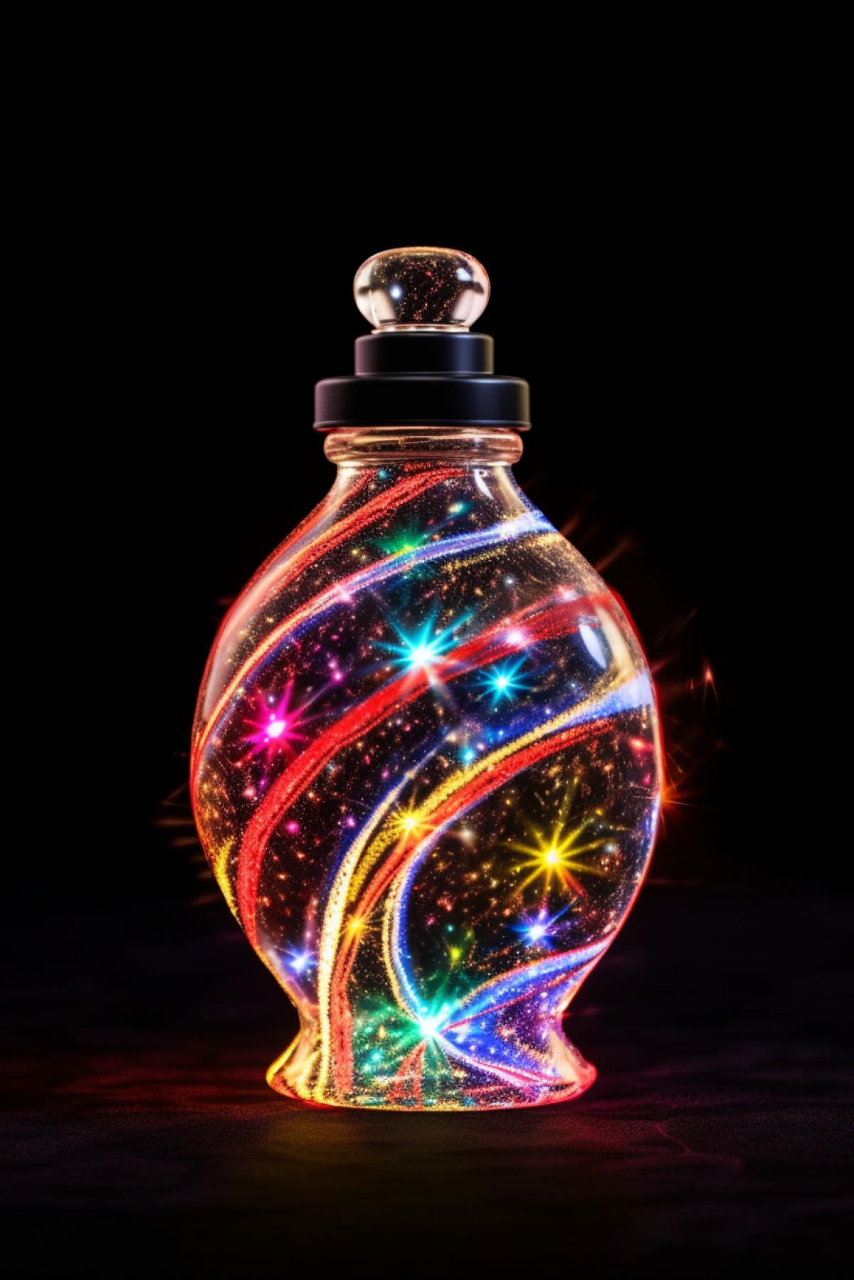 Magic potion in a crooked beautiful flask with crystals, colorful luminous potion