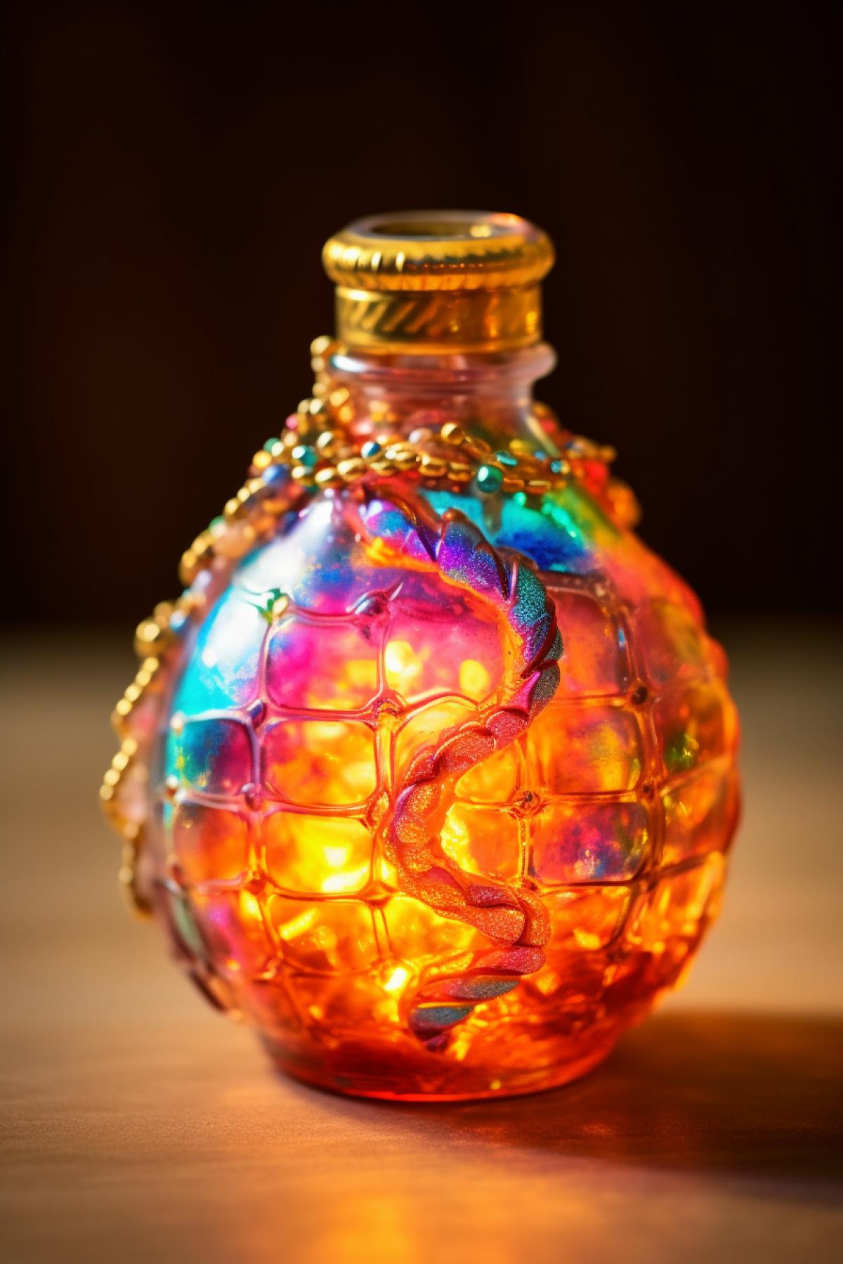 Magic potion in a crooked beautiful flask with crystals, colorful luminous potion