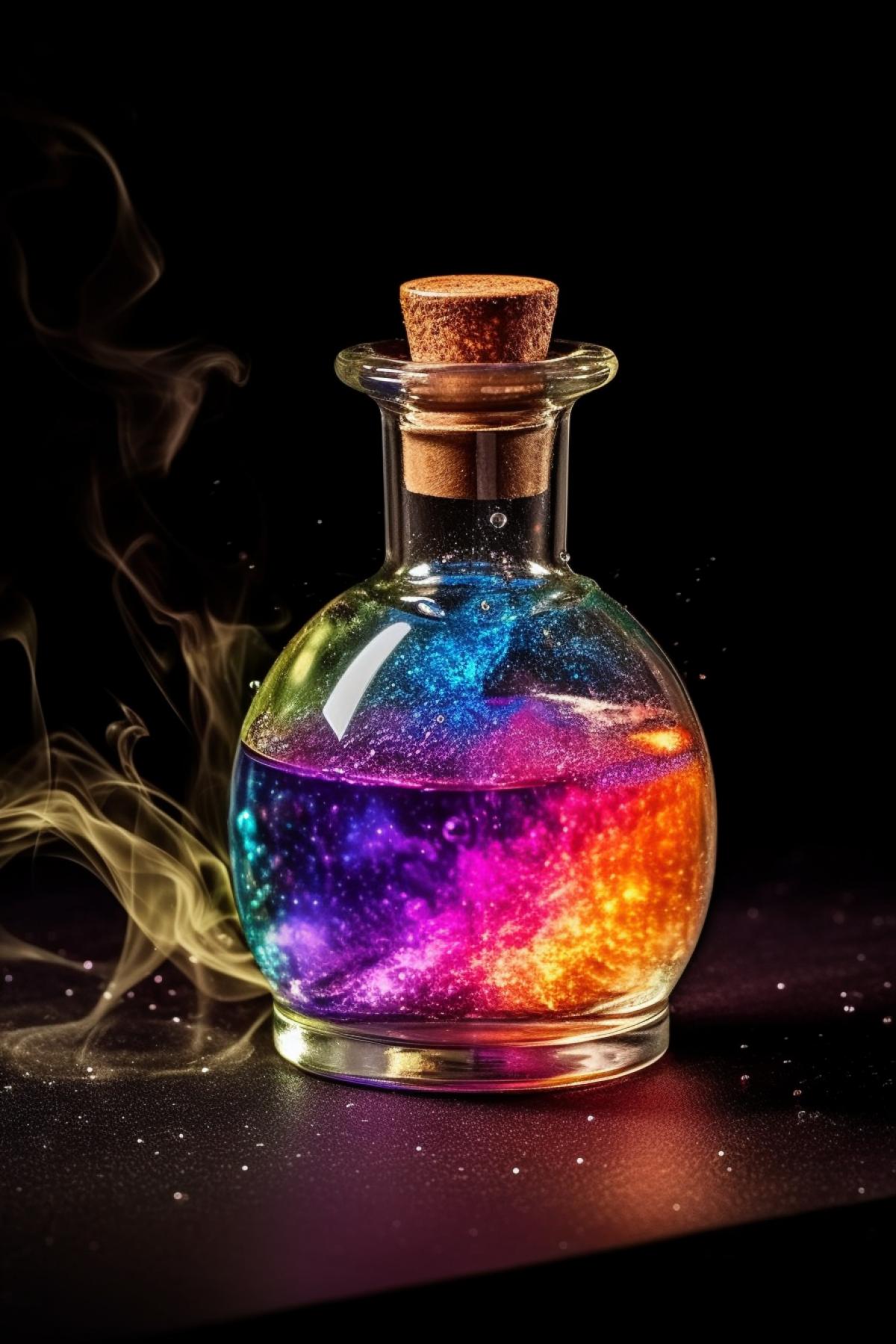 Magic potion in a crooked beautiful flask with crystals, colorful luminous potion