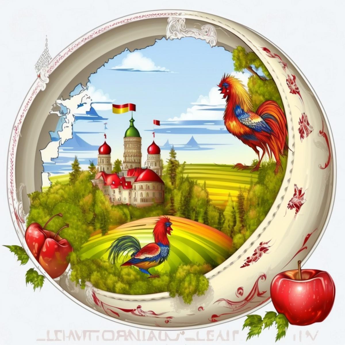 An ancient round dish, like a magic screen, shows overseas countries, an apple rolls along the edge of the dish, Russian folk style, the background is a wide white towel embroidered with red roosters