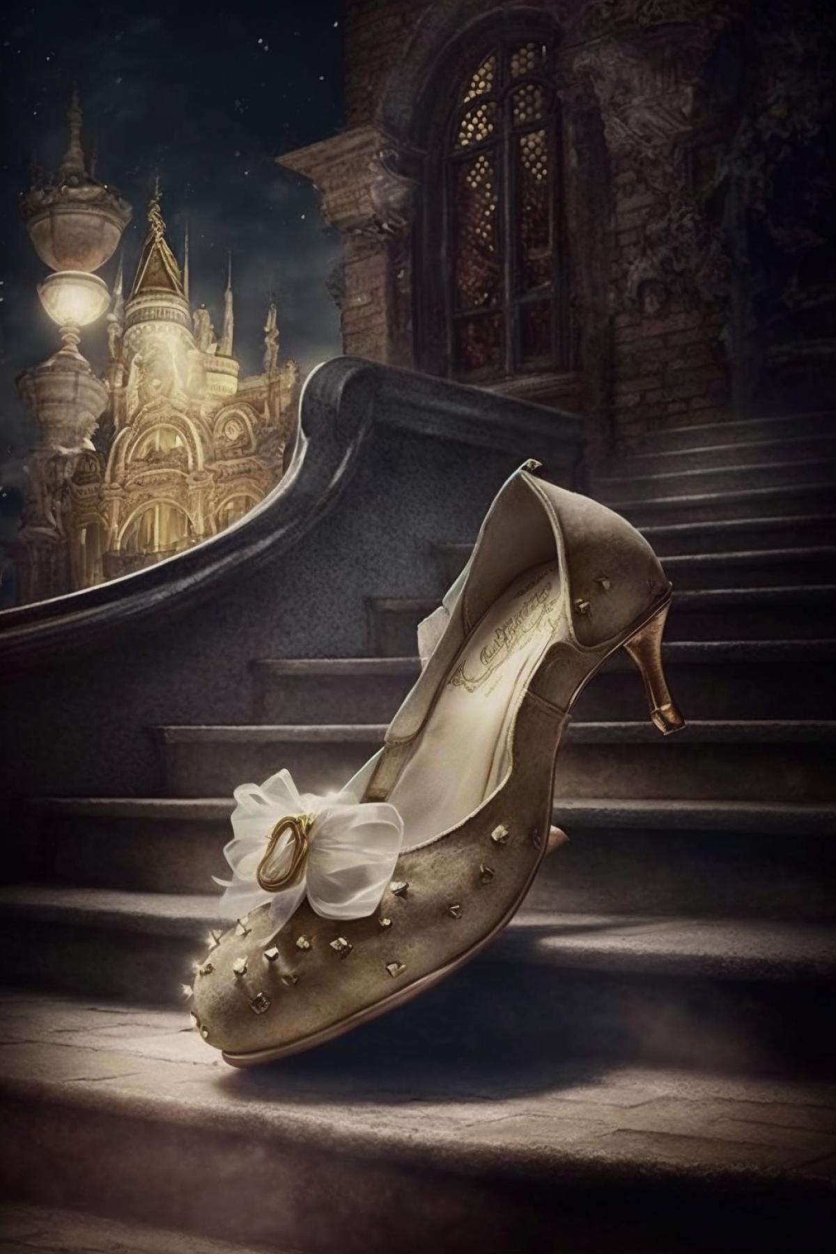 The glslipper that Cinderella lost while running away from the palace at midnight, night, stars, stairs outside the palace, fairy tale atmosphere, expecting miracles
