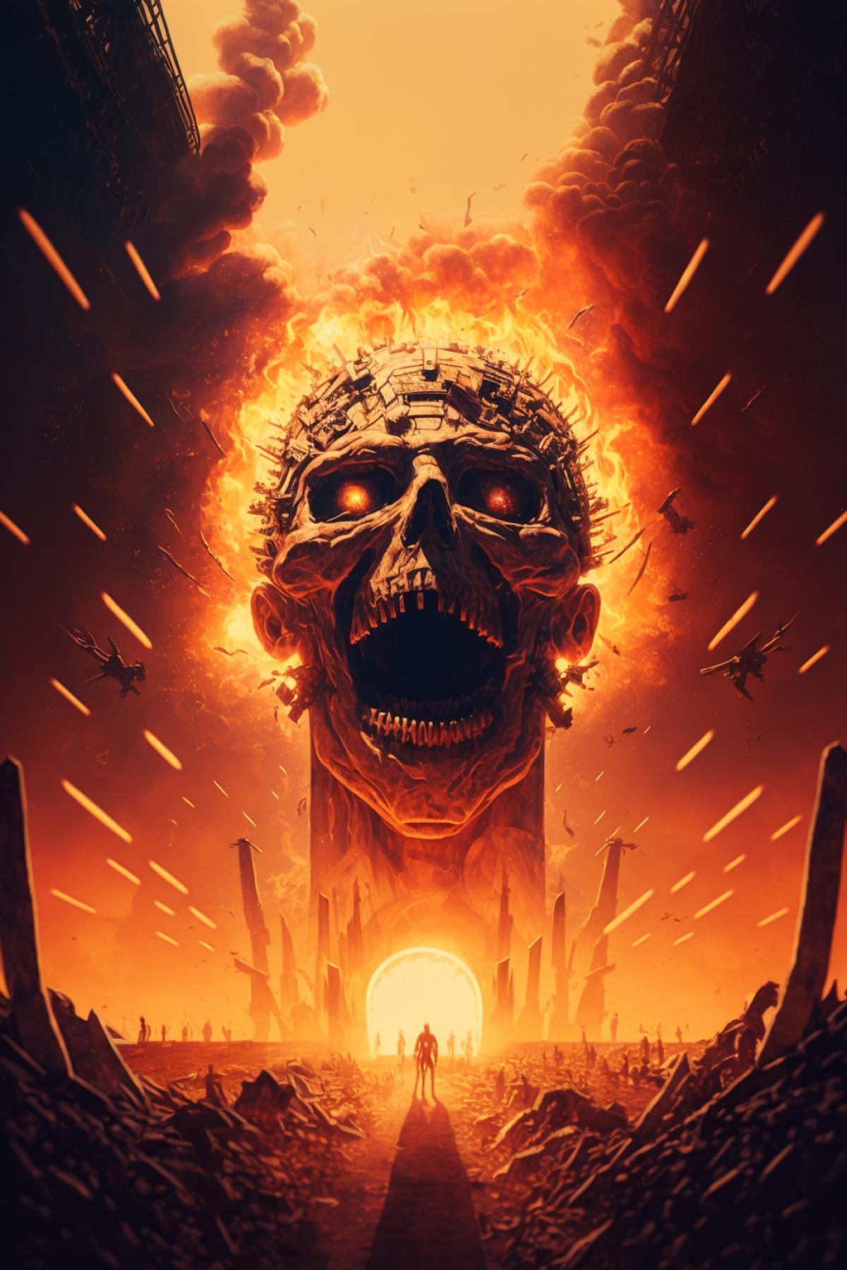 The sun burns the planet, burnt skeletons run among the fire and scream, horror, panic, high angle, cinema style