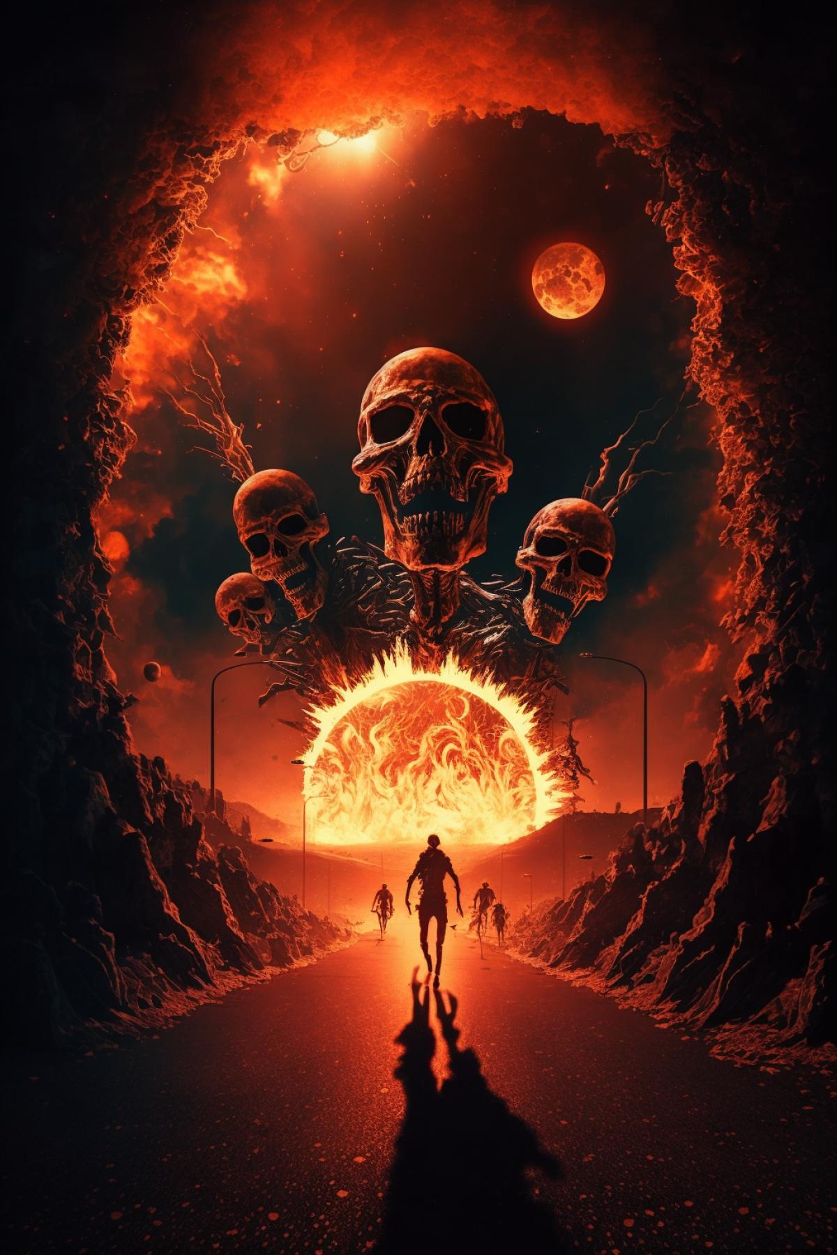 The sun burns the planet, burnt skeletons run among the fire and scream, horror, panic, high angle, cinema style
