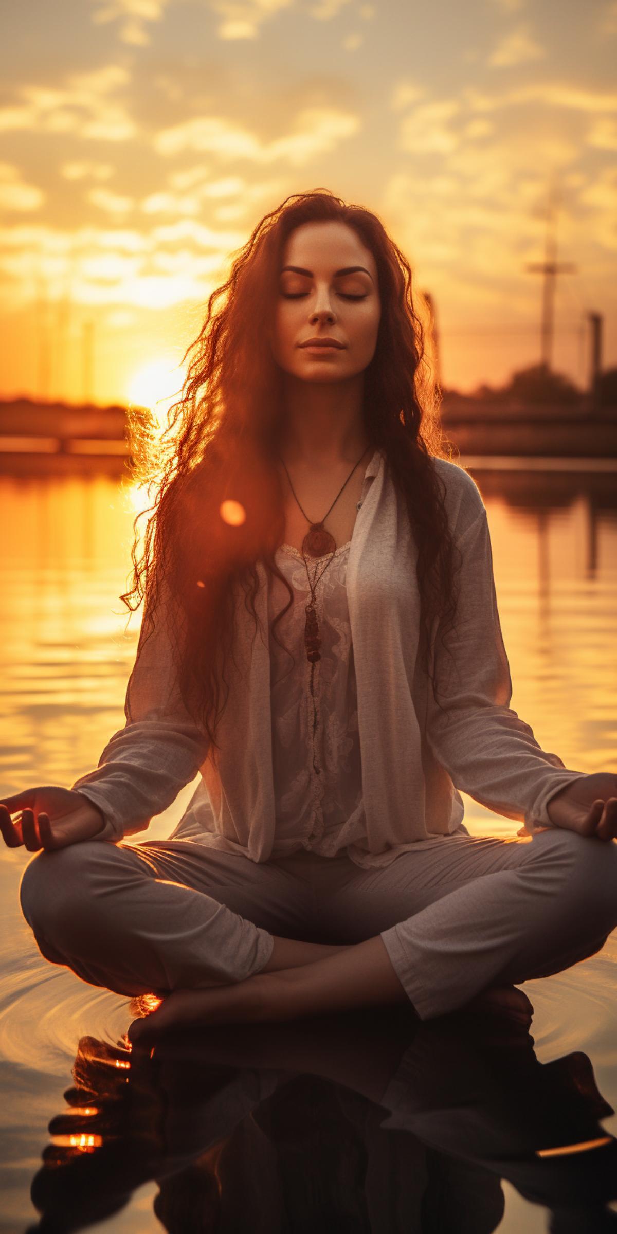 Meditating person feeding on the energy of the sun, everything is flooded with warm sunlight, overexposure, against the backdrop of a huge setting sun, professional photography, Nikon,