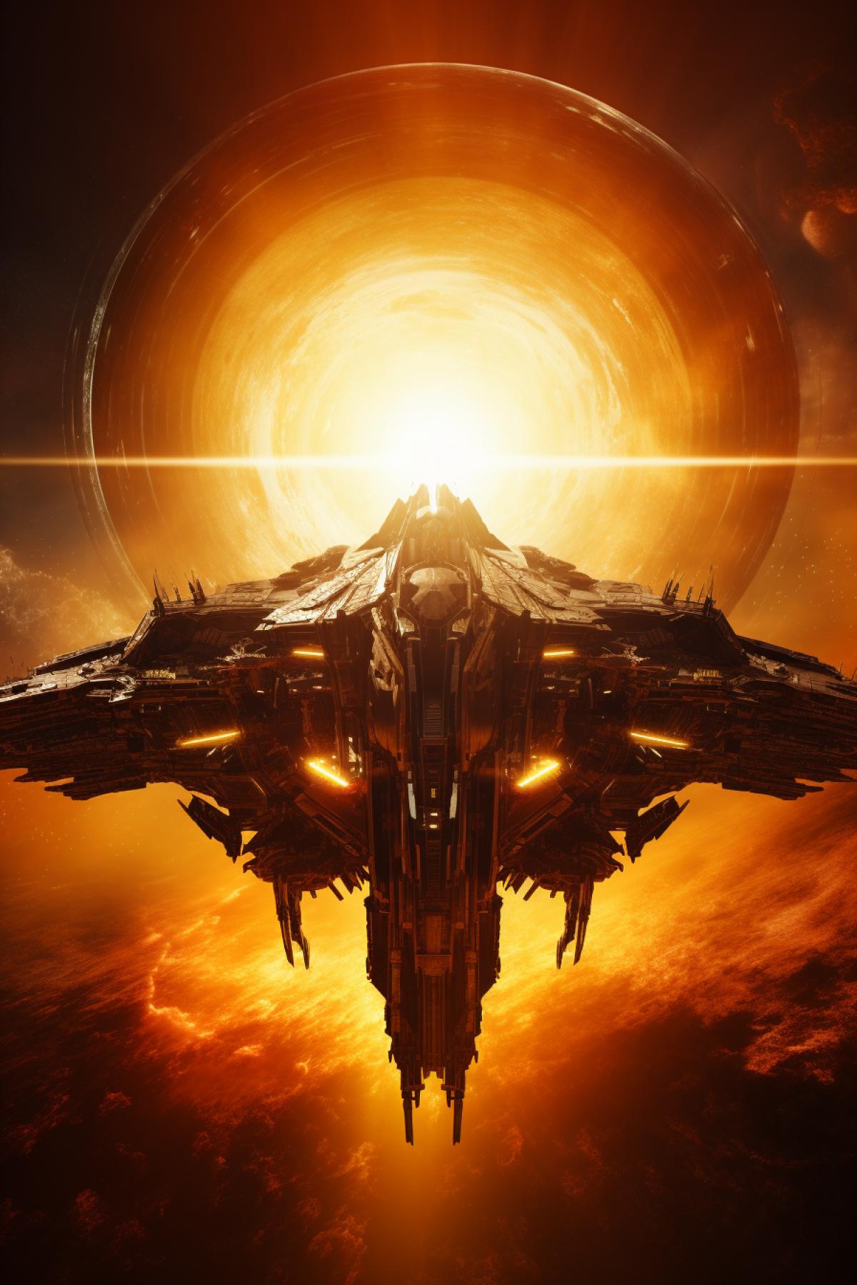 Spaceship, against the backdrop of a giant sun radiating an incredible amount of energy, high quality photo