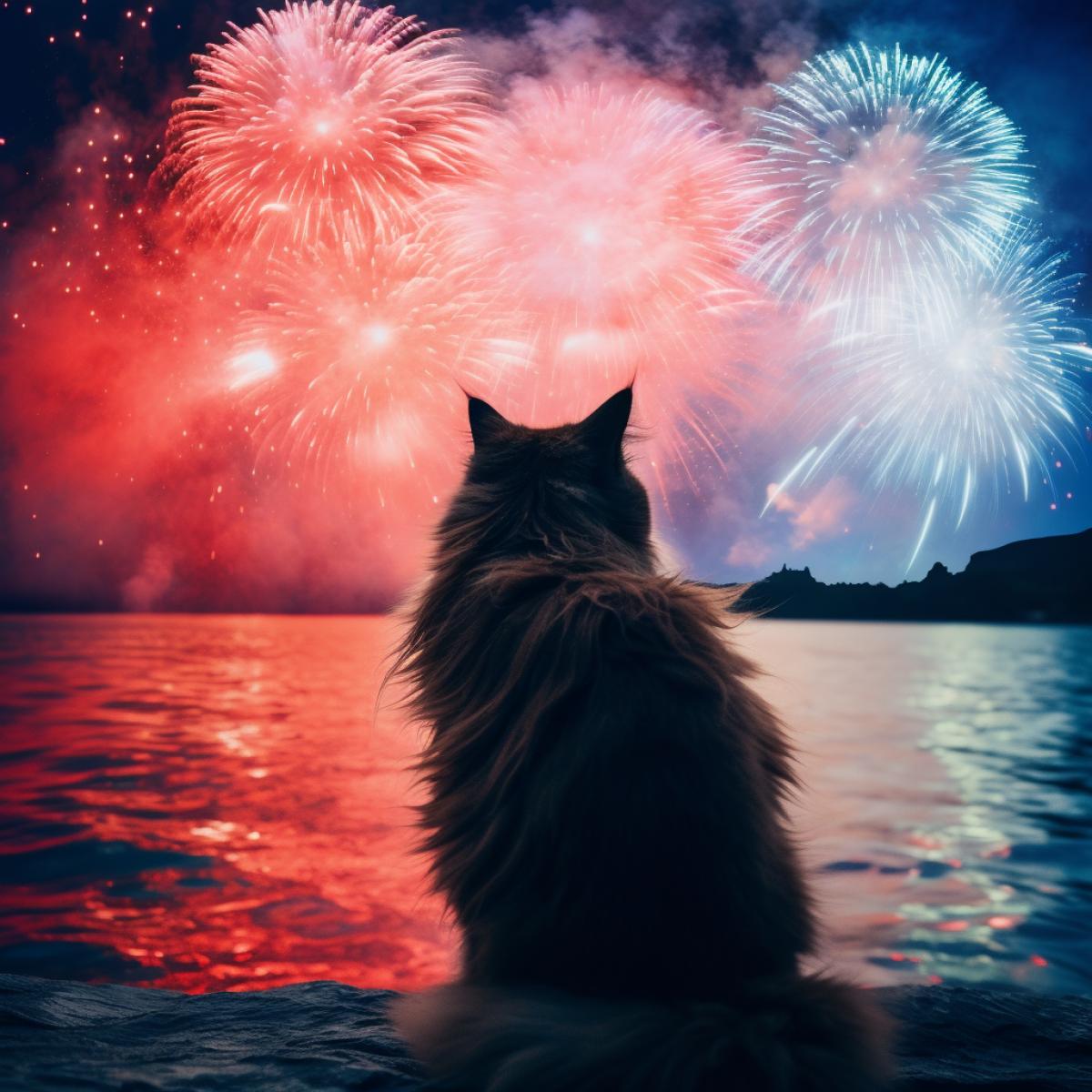waves, cat, firework, blue, red