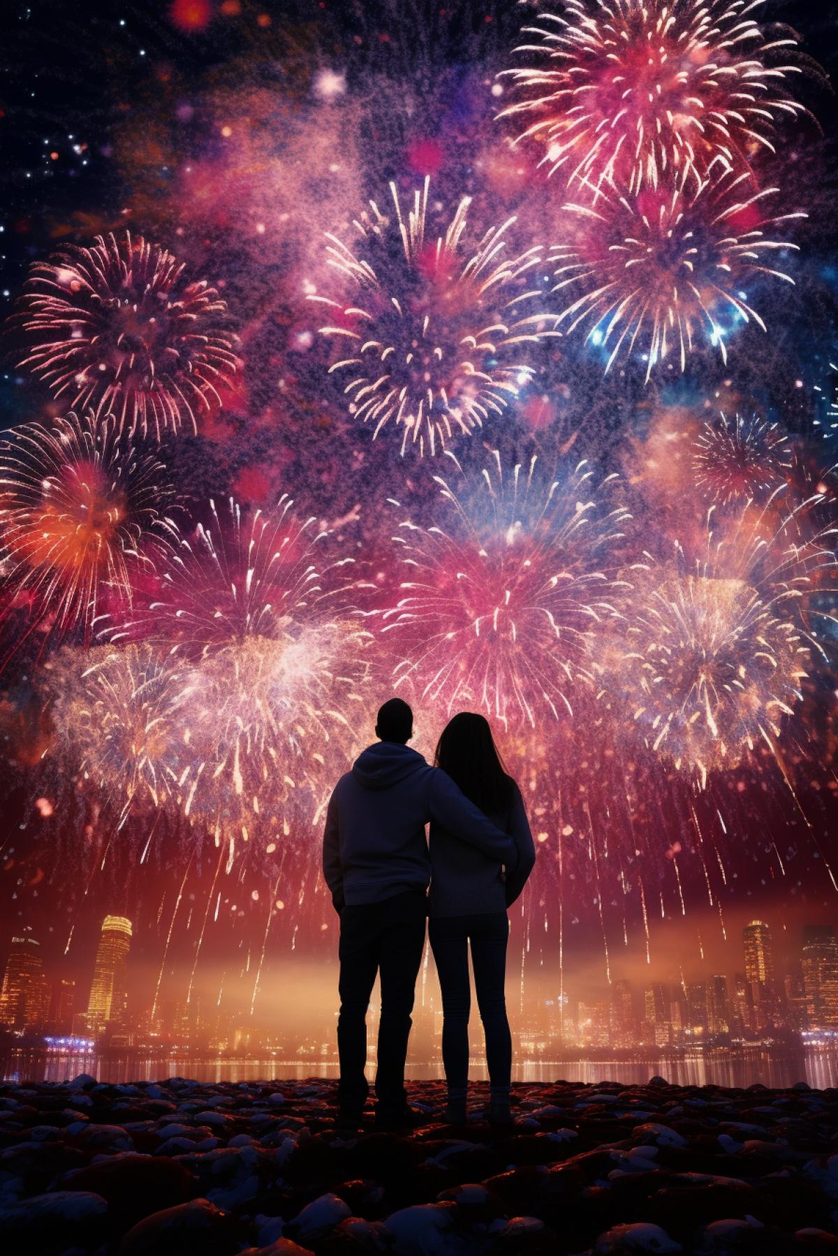 lovers standing with their backson the rink, New years night, number 10 sky from fireworks, nsanely detailed and intricate, hypermaximalist, elegant, hyper realistic, super detailed, dynamic 4k, photography