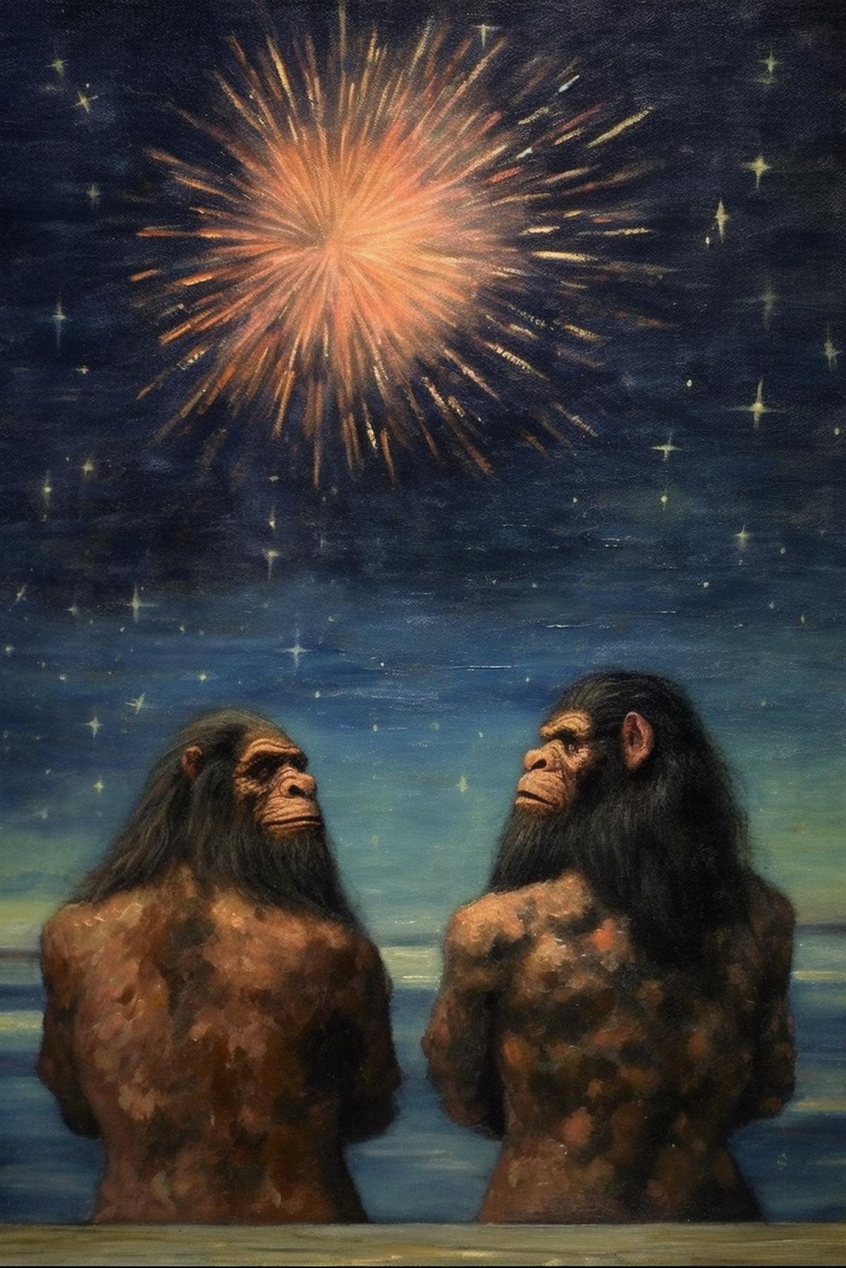 Neanderthals admiringly look at the festive grandiose fireworks 🎆✨ against the background of the night sky
