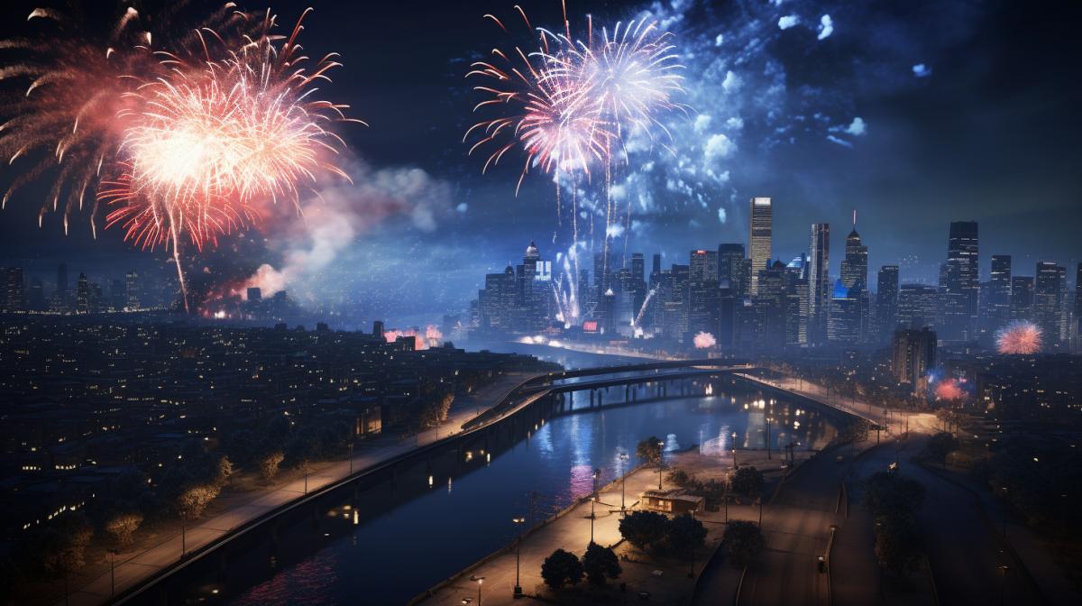 photorealistic Call of Duty map based off large city with blue overtone with red white and blue fireworks in the sky ar Image