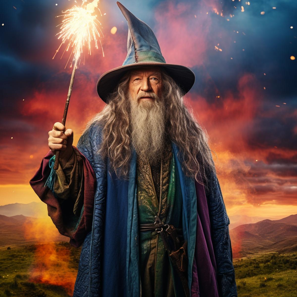 Imagine Gandalf the Grey, dressed in a colorful wizards outfit, casting fireworks in the sky, with the Shires rolling hills as a backdrop, photograph