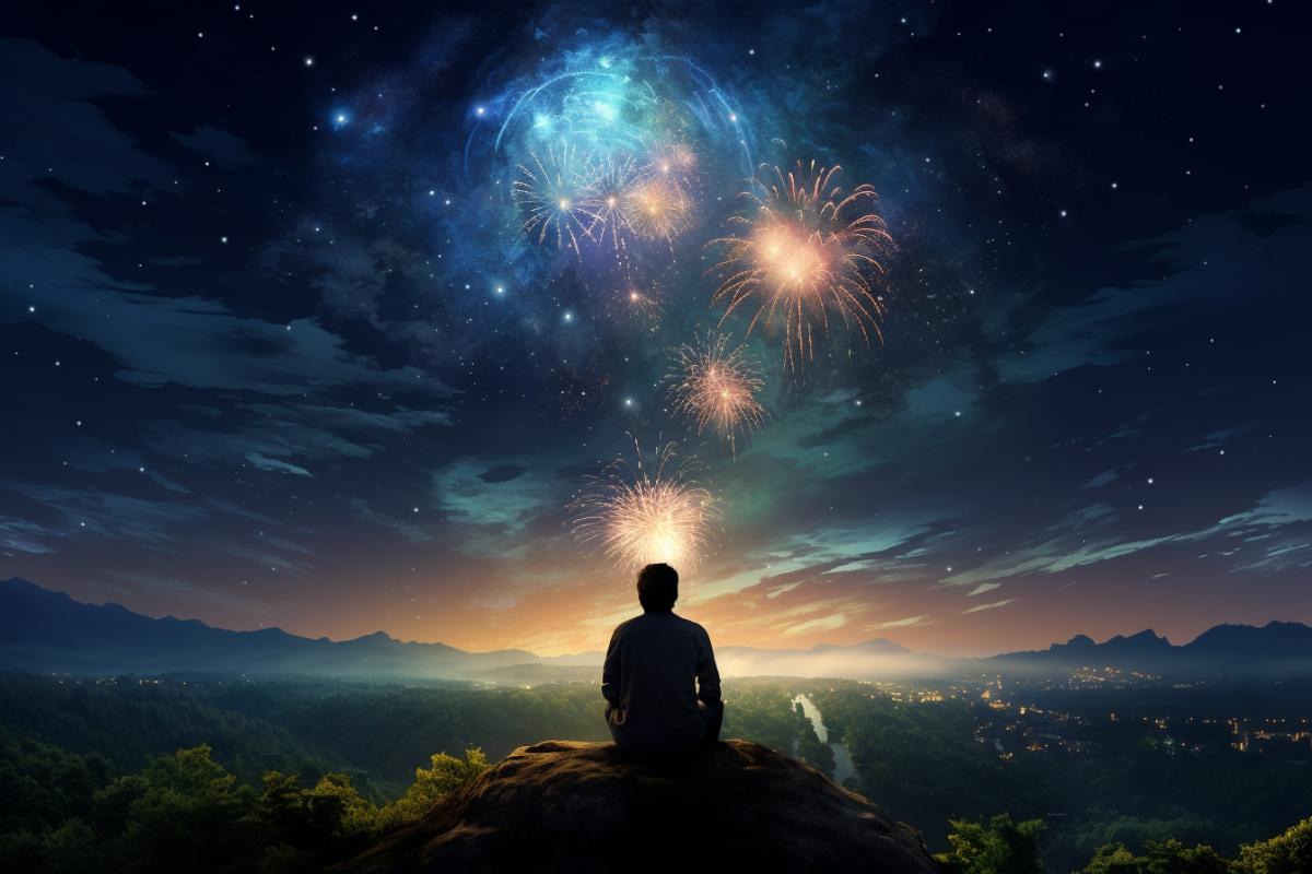 fireworks , galaxy fireworks ,man sitting on a hill , watching fireworks , hyper realistic , high definition , high res , 8k