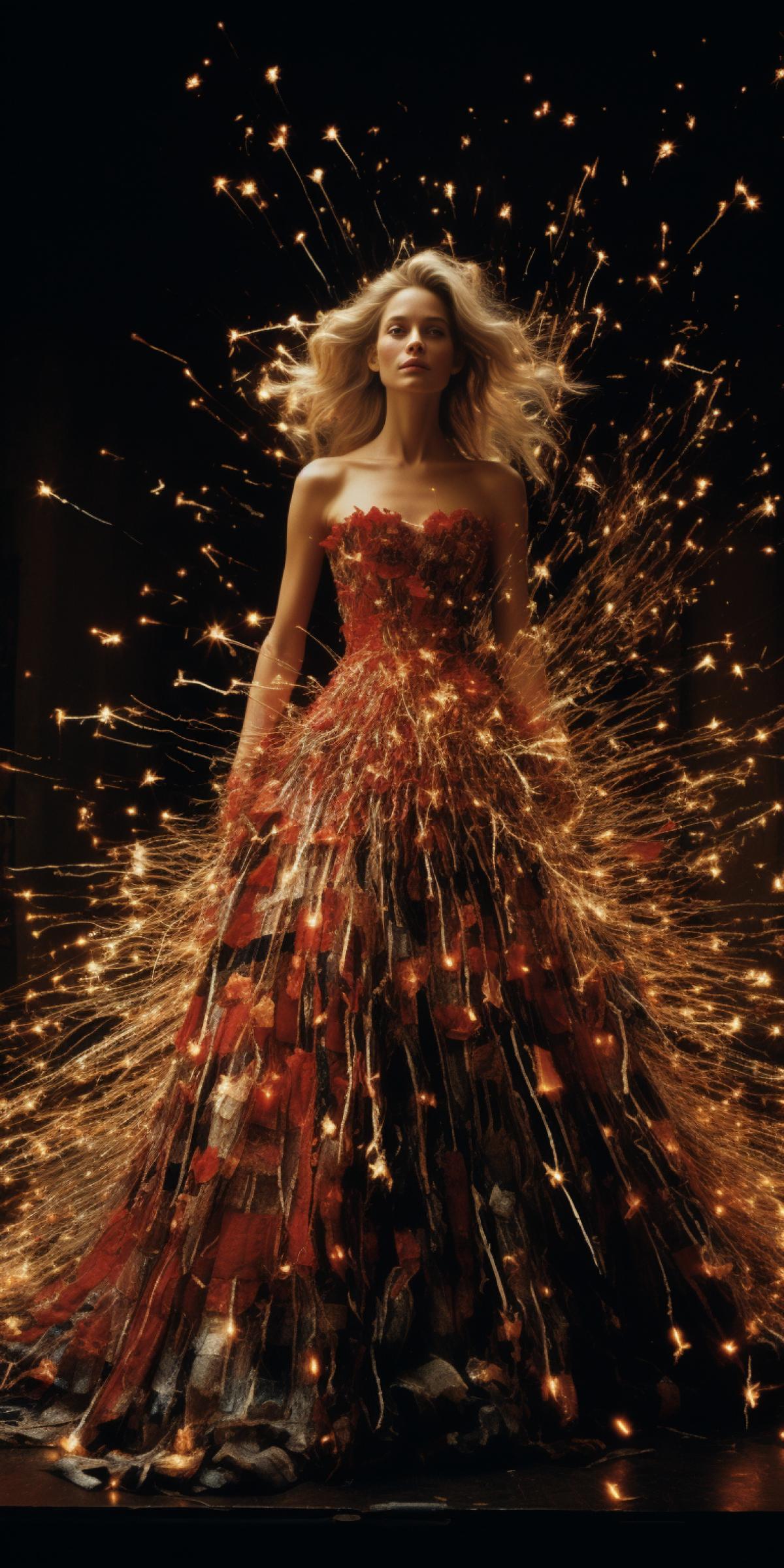 her dress was made of fireworks , photograph by Annie Leibovitz and Arnold Newman