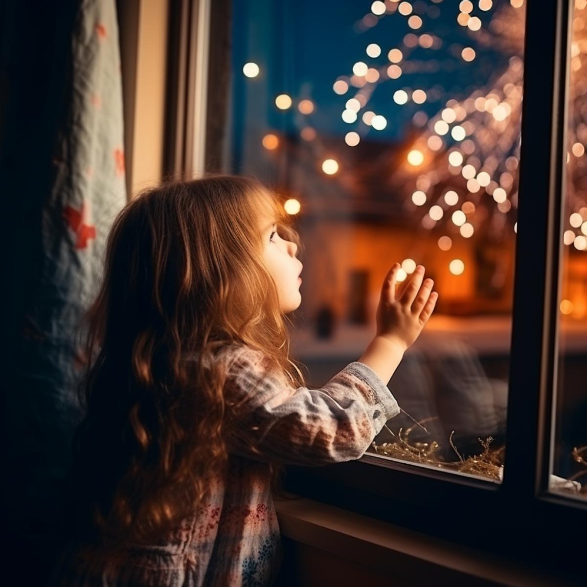 The girl looks at the fireworks from the window