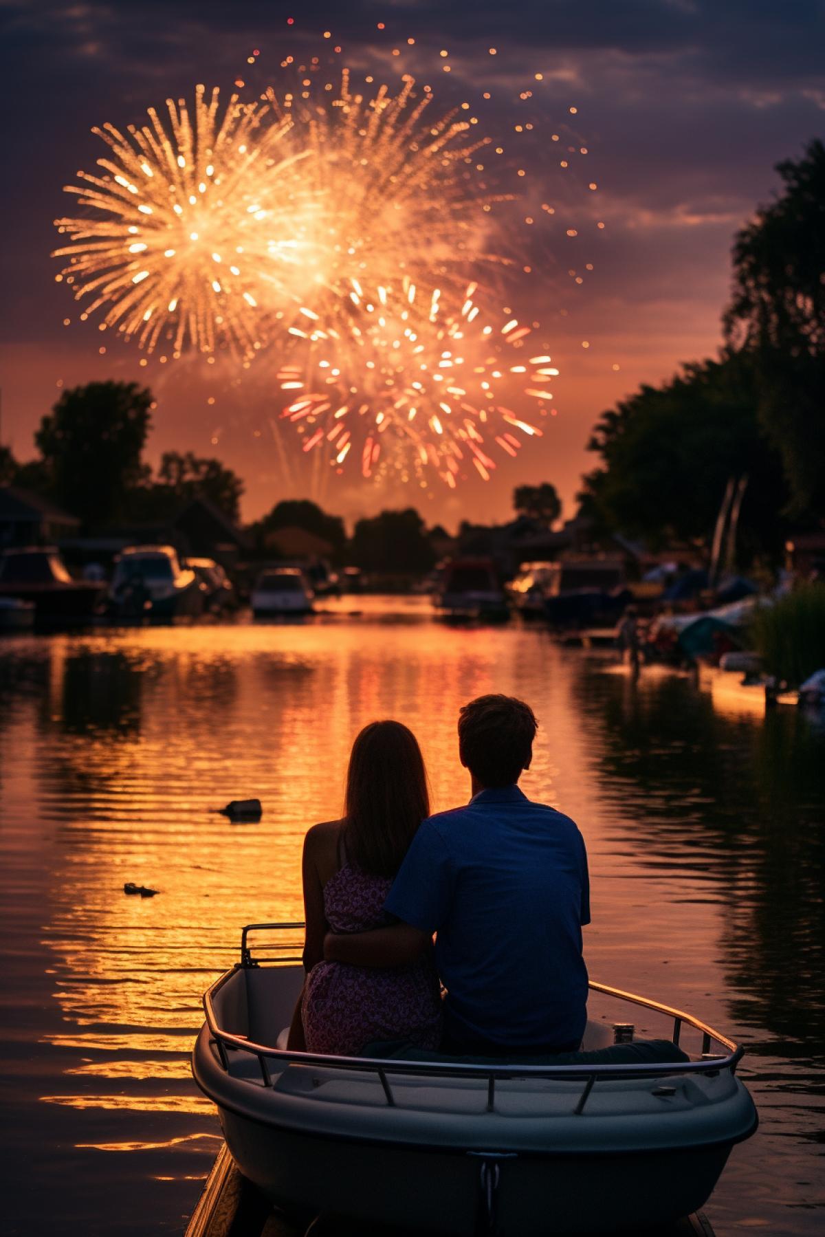 Evening in the suburbs, boat, lovers, fireworks