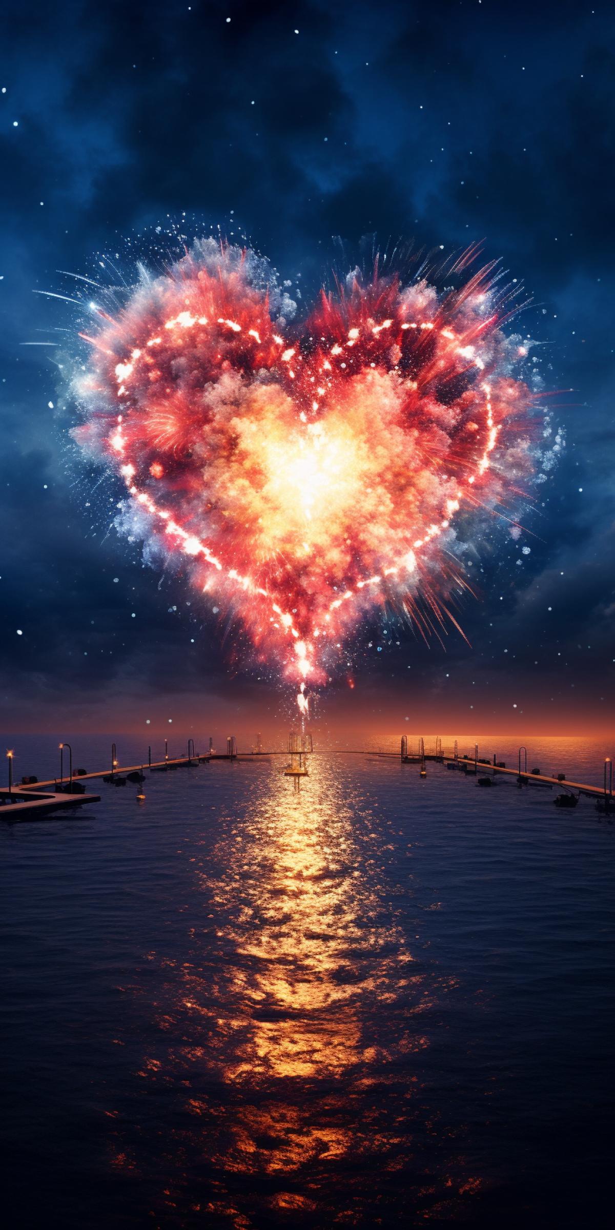 Fireworks in the shape of a heart over the ocean