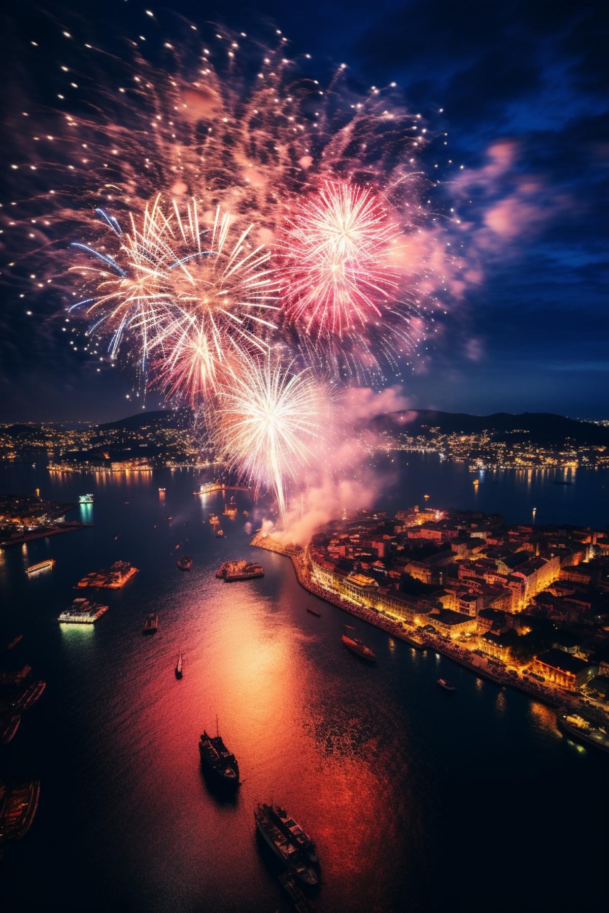 Fireworks in the port town, shooting from a quadrocopter, colorfulness and incredible beauty of the frame