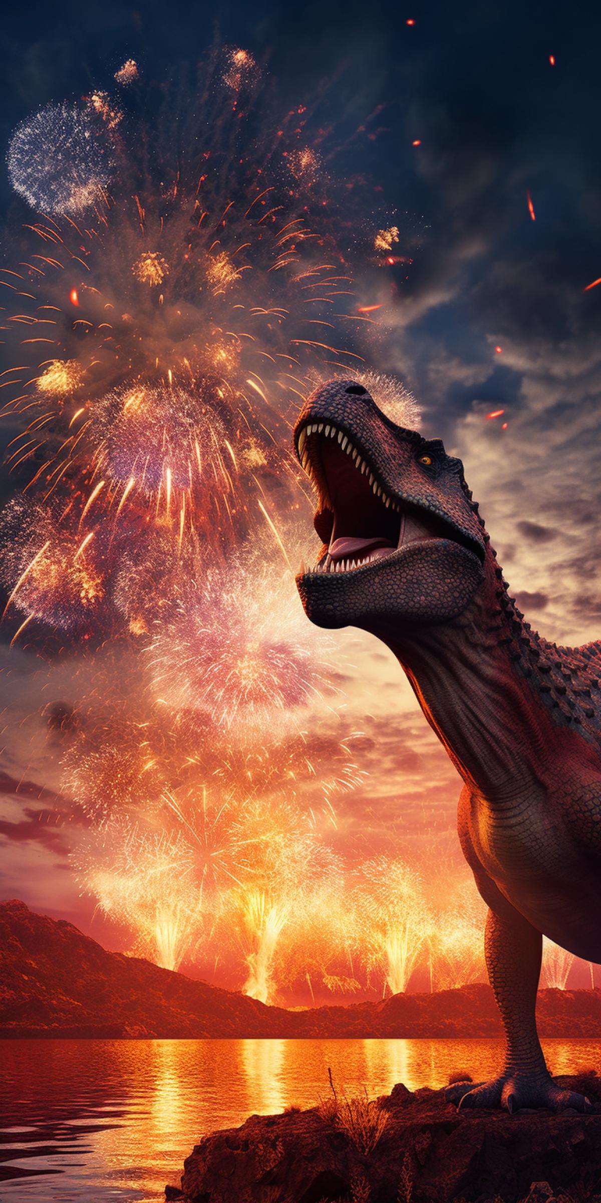 Dinosaur looks at fireworks in the sky, Cinematic, highly detailed shot, Sony Pictures
