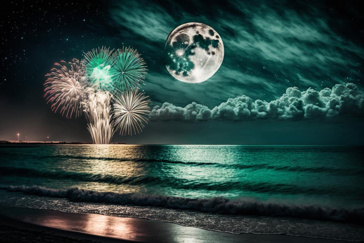 fireworks over the ocean on a moonlit night, professional photography