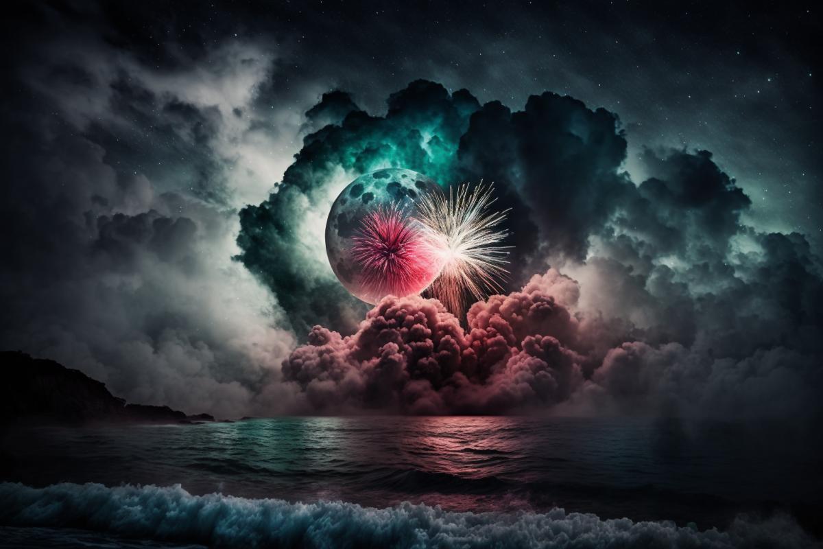 fireworks over the ocean on a moonlit night, professional photography