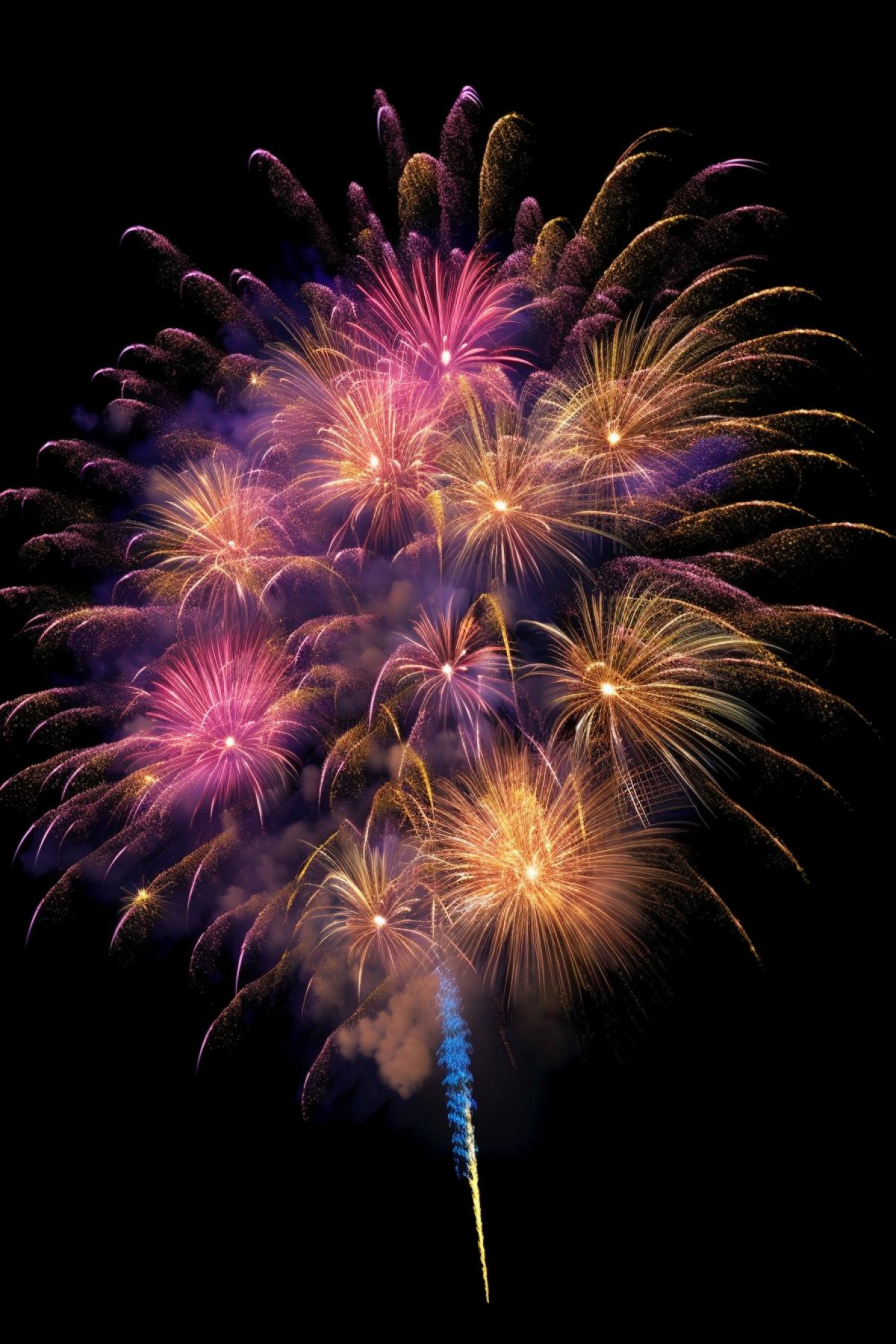 night, explosion of fireworks from neon gold, white and pink roses