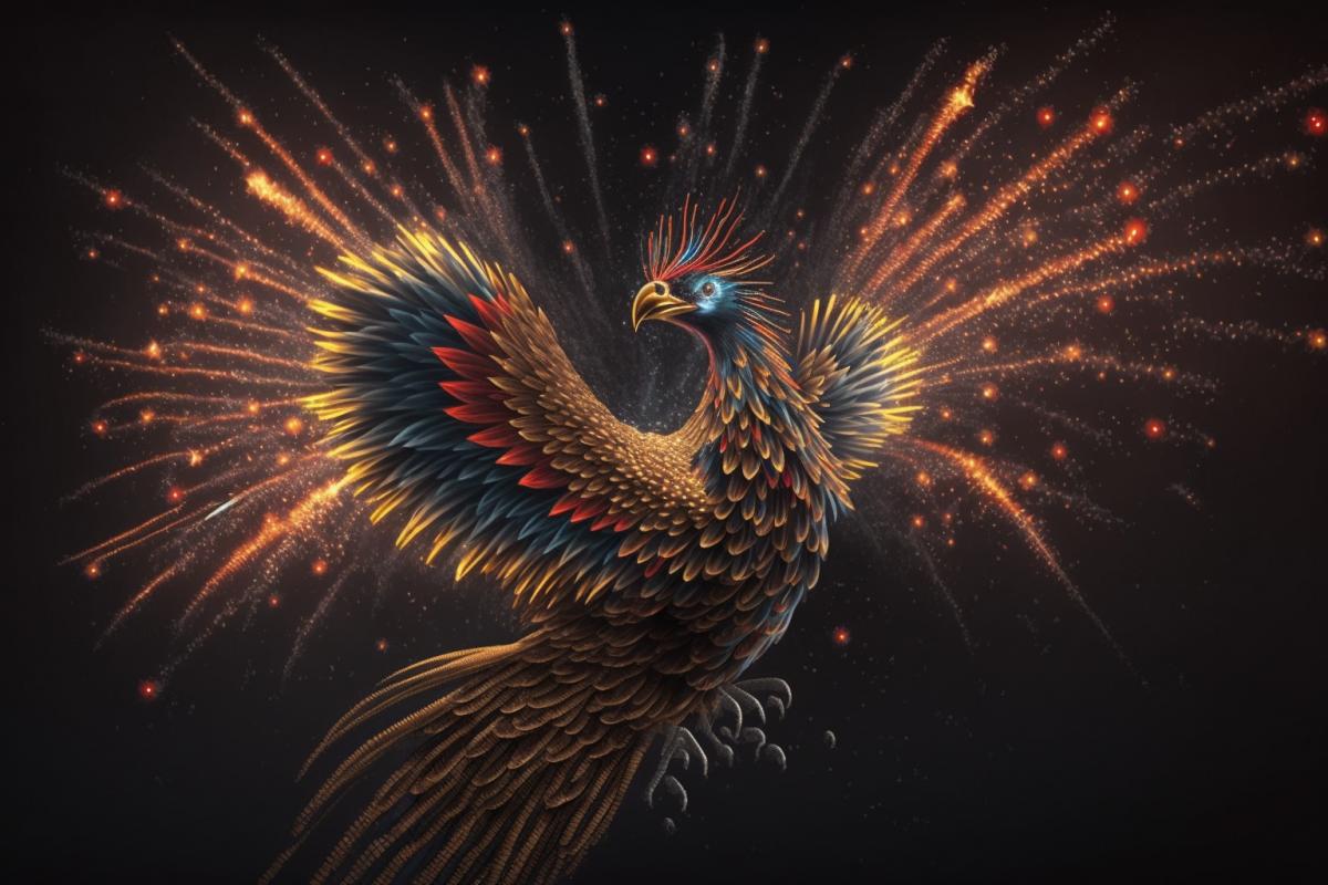 fireworks in the form of a phoenix and flying birds