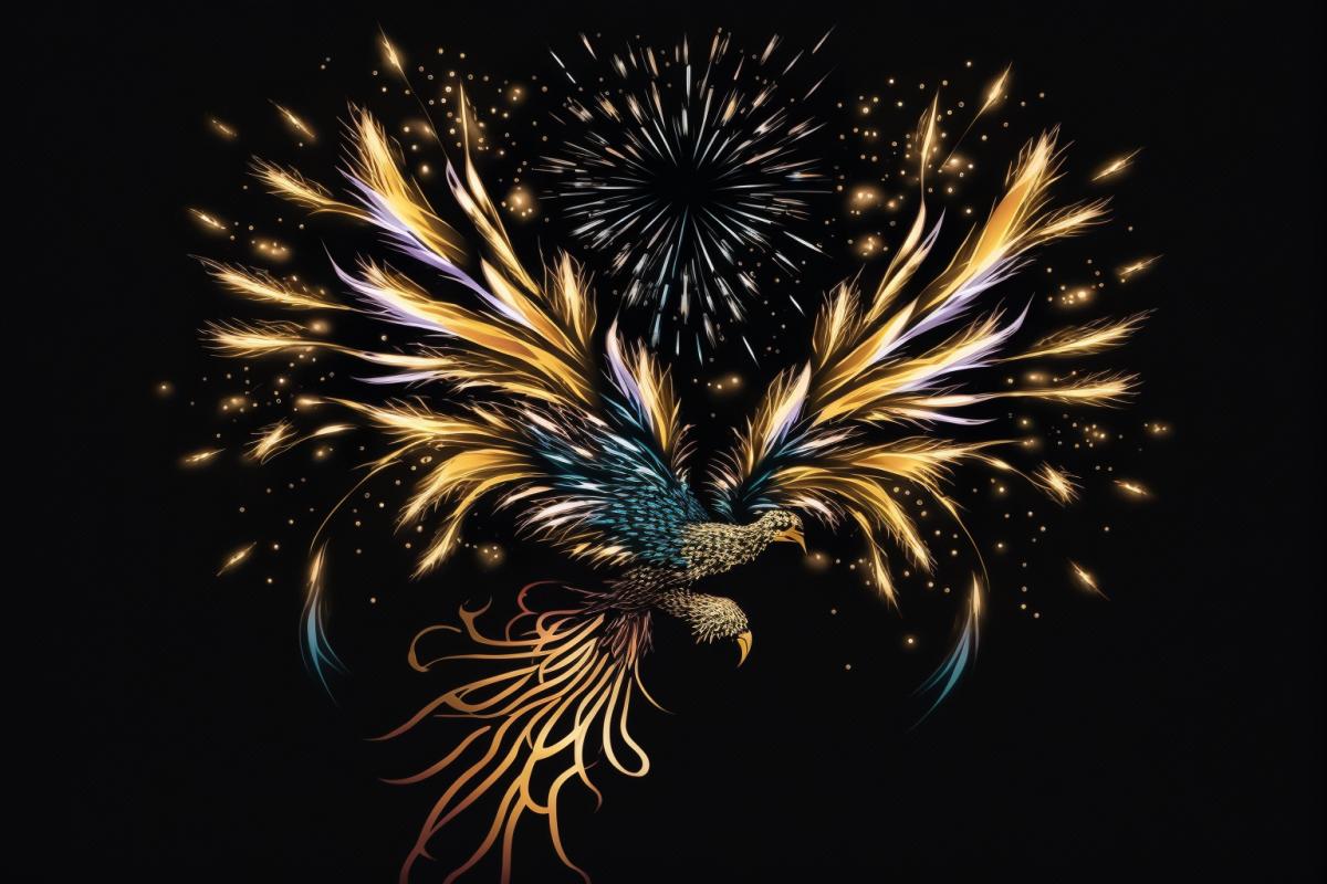 fireworks in the form of a phoenix and flying birds