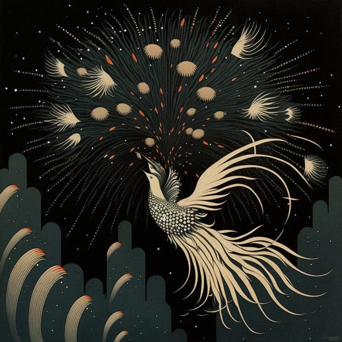 fireworks in the form of a phoenix and flying birds, Kay Nielsen style