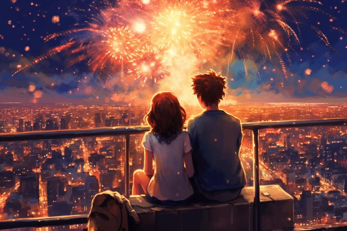 a young girl and a guy sitting on the roof of a high-rise building in a big city, looking at fireworks, huge, varied, spread across the sky
