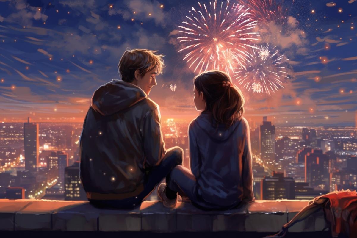 a young girl and a guy sitting on the roof of a high-rise building in a big city, looking at fireworks, huge, varied, spread across the sky