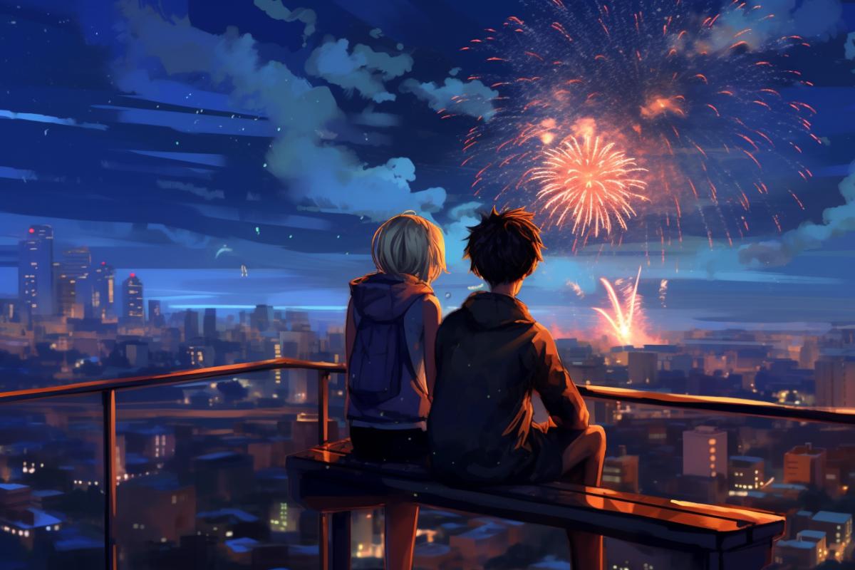 a young girl and a guy sitting on the roof of a high-rise building in a big city, looking at fireworks, huge, varied, spread across the sky