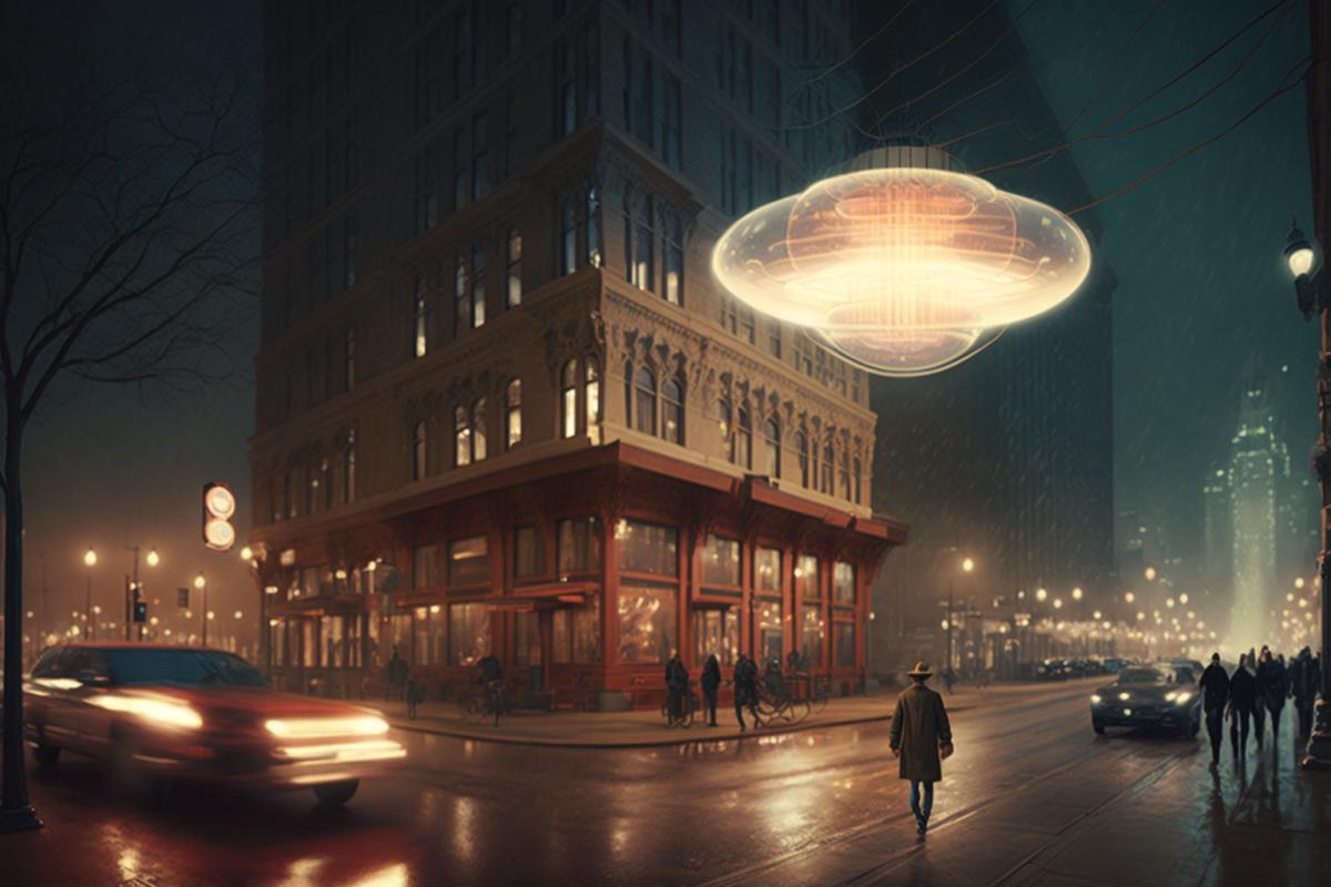 evening city illuminated by wireless levitating lamps, Nikola Tesla technology