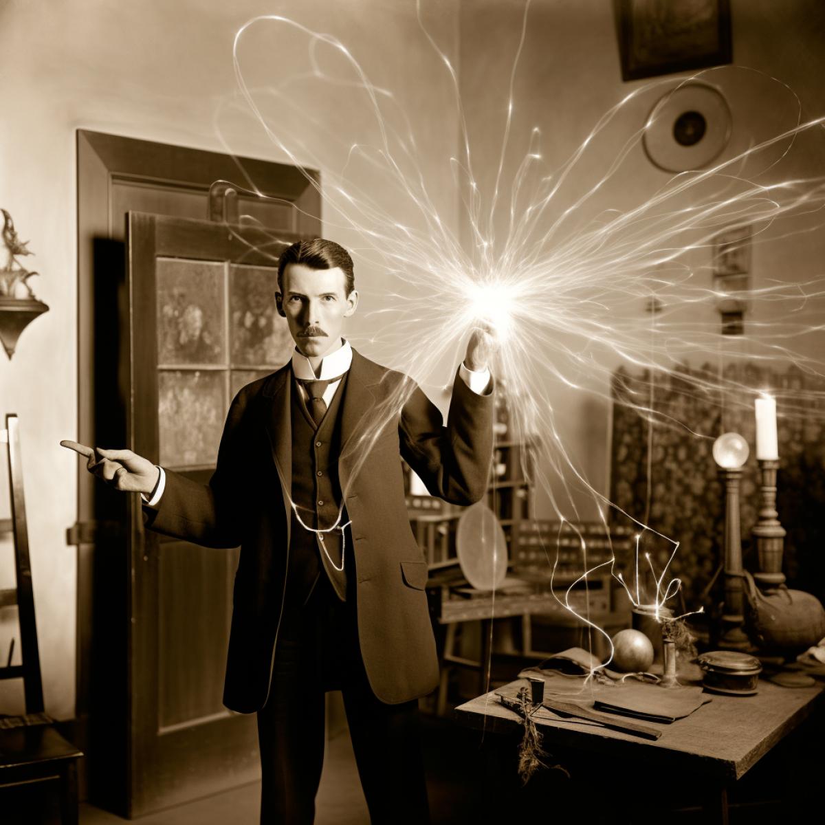 Nikola Tesla demonstrates his invention of wireless electricity