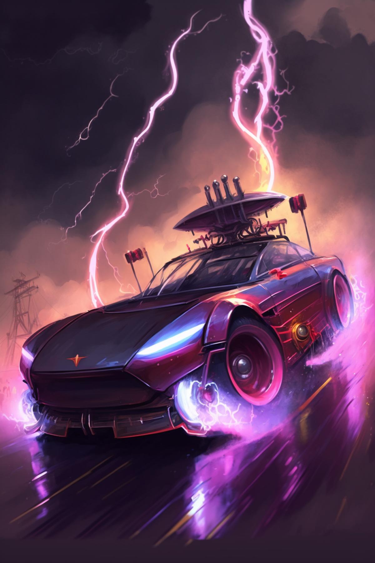 Racing electric car with a Tesla coil on the roof