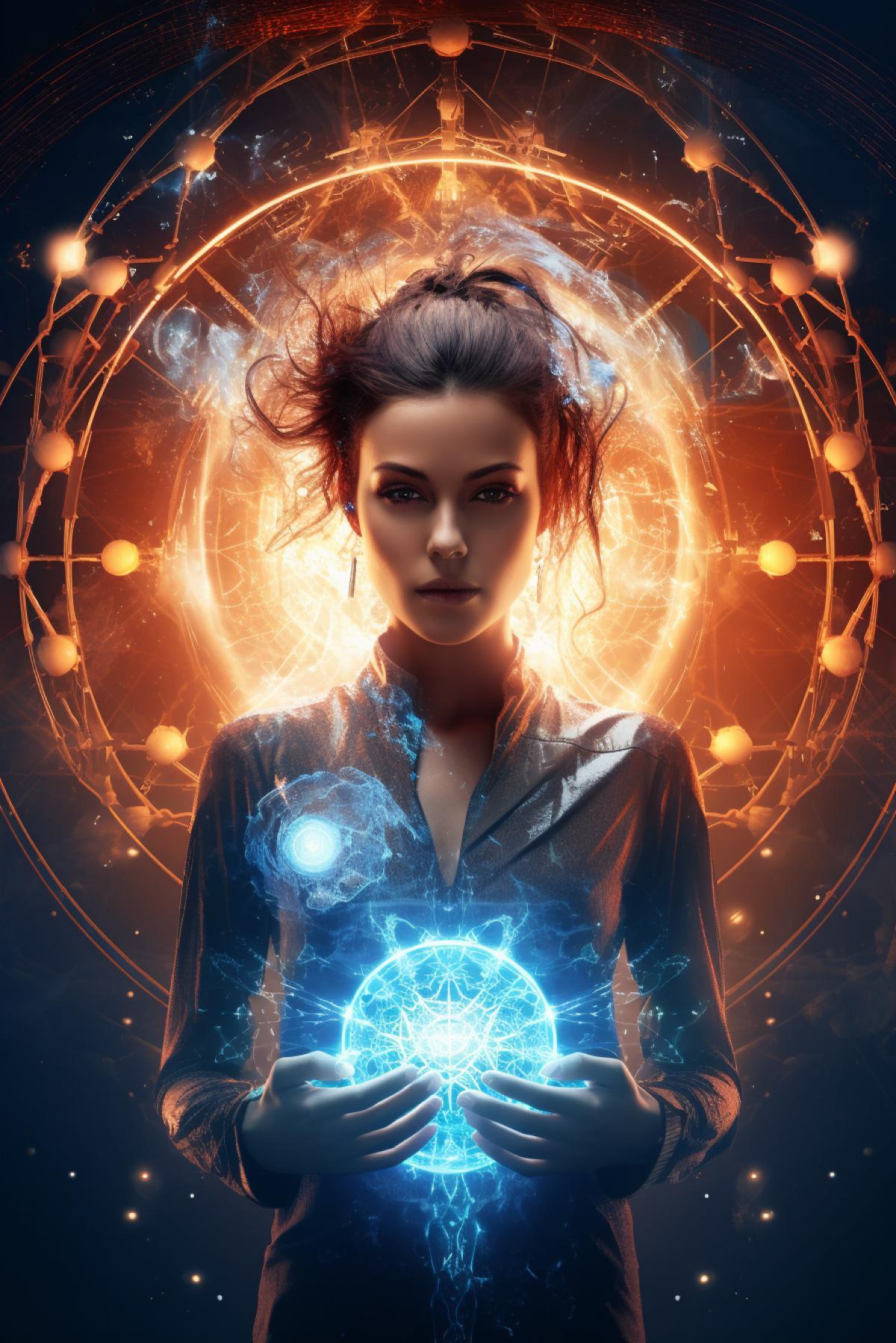 Woman of the future in the style of the inventions of Nikola Tesla surrounded by energy