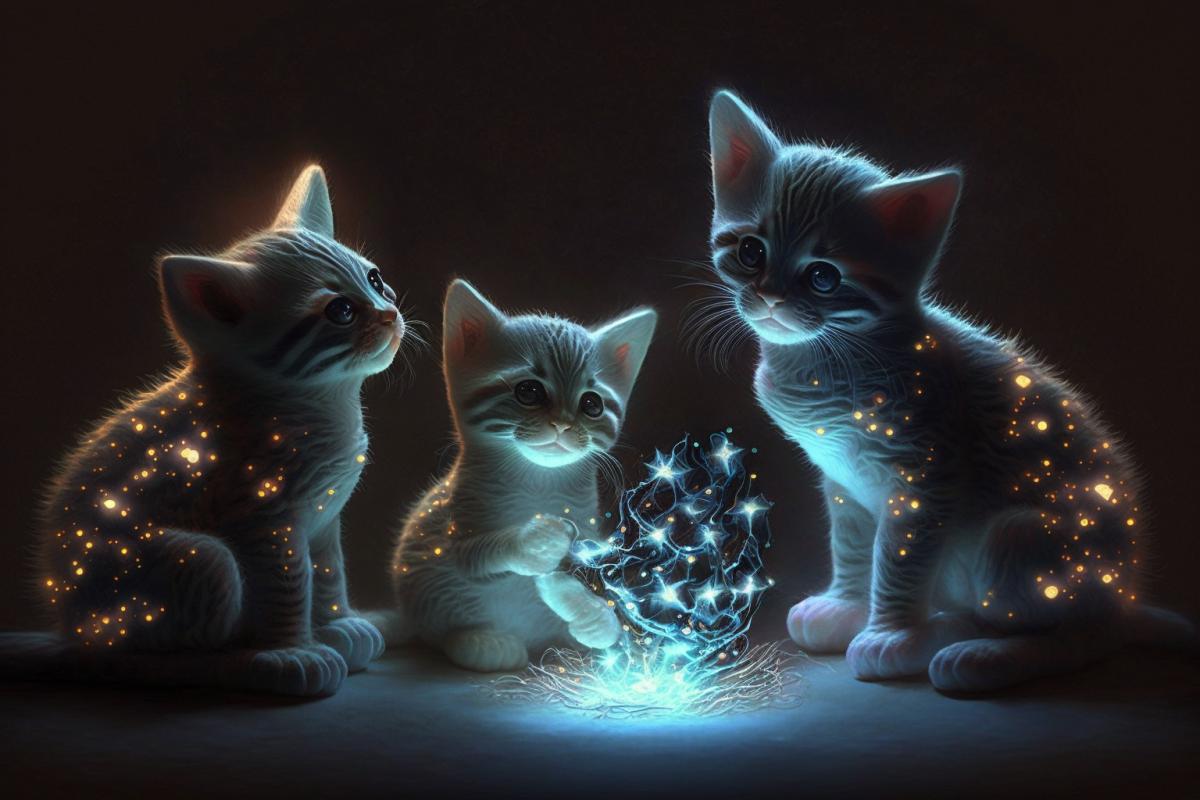 Kittens made of luminous light-emitting resistors playing with stars, dark fantasy style