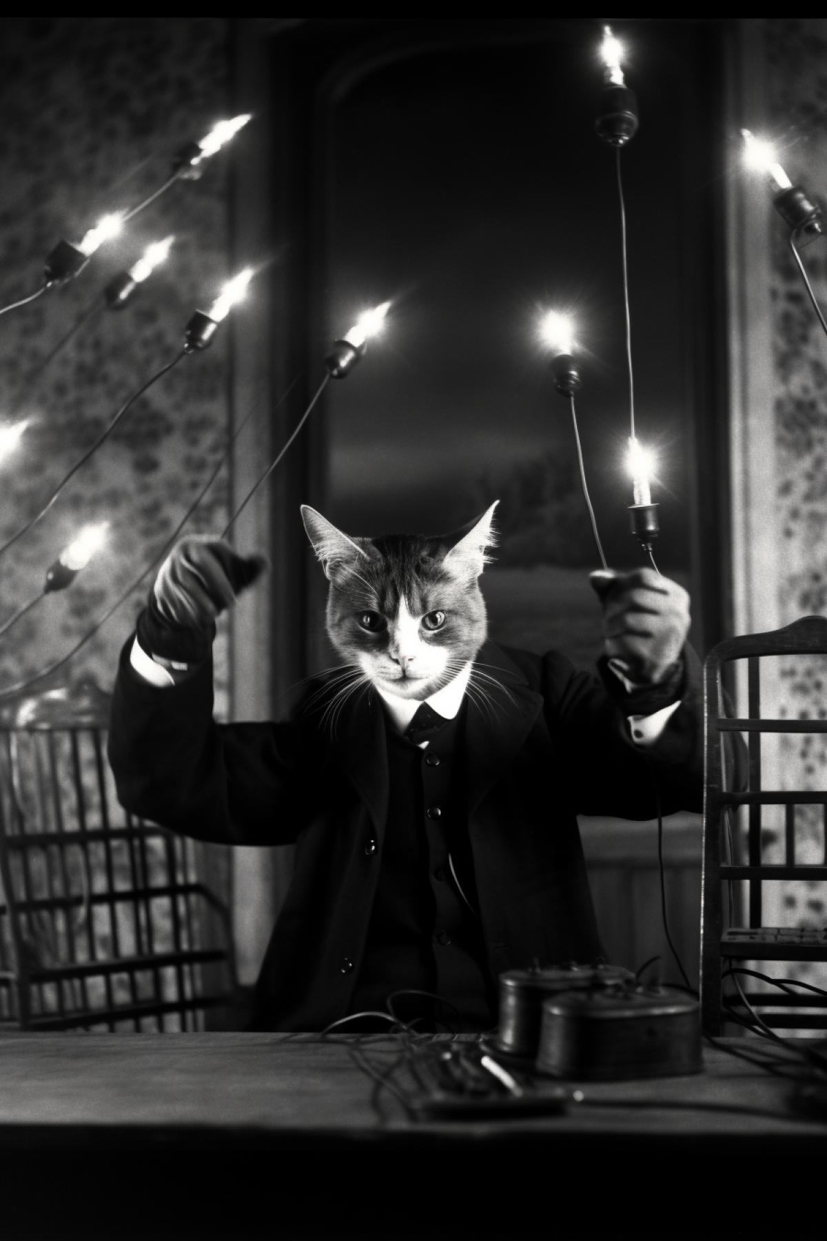 Cat Nikola Tesla demonstrates his invention of wireless electricity