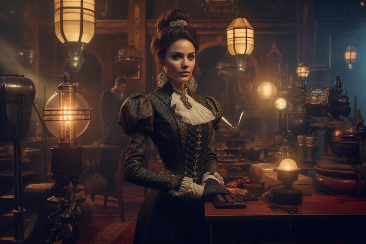 A lady in a Victorian steampunk costume in an interior, surrounded by wireless electric lights and other Tesla-inspired appliances