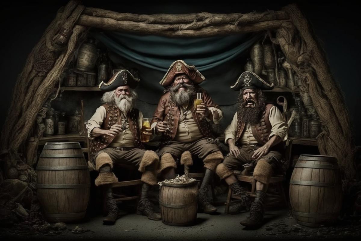 Exquisite pirates with a wooden leg drinking rum