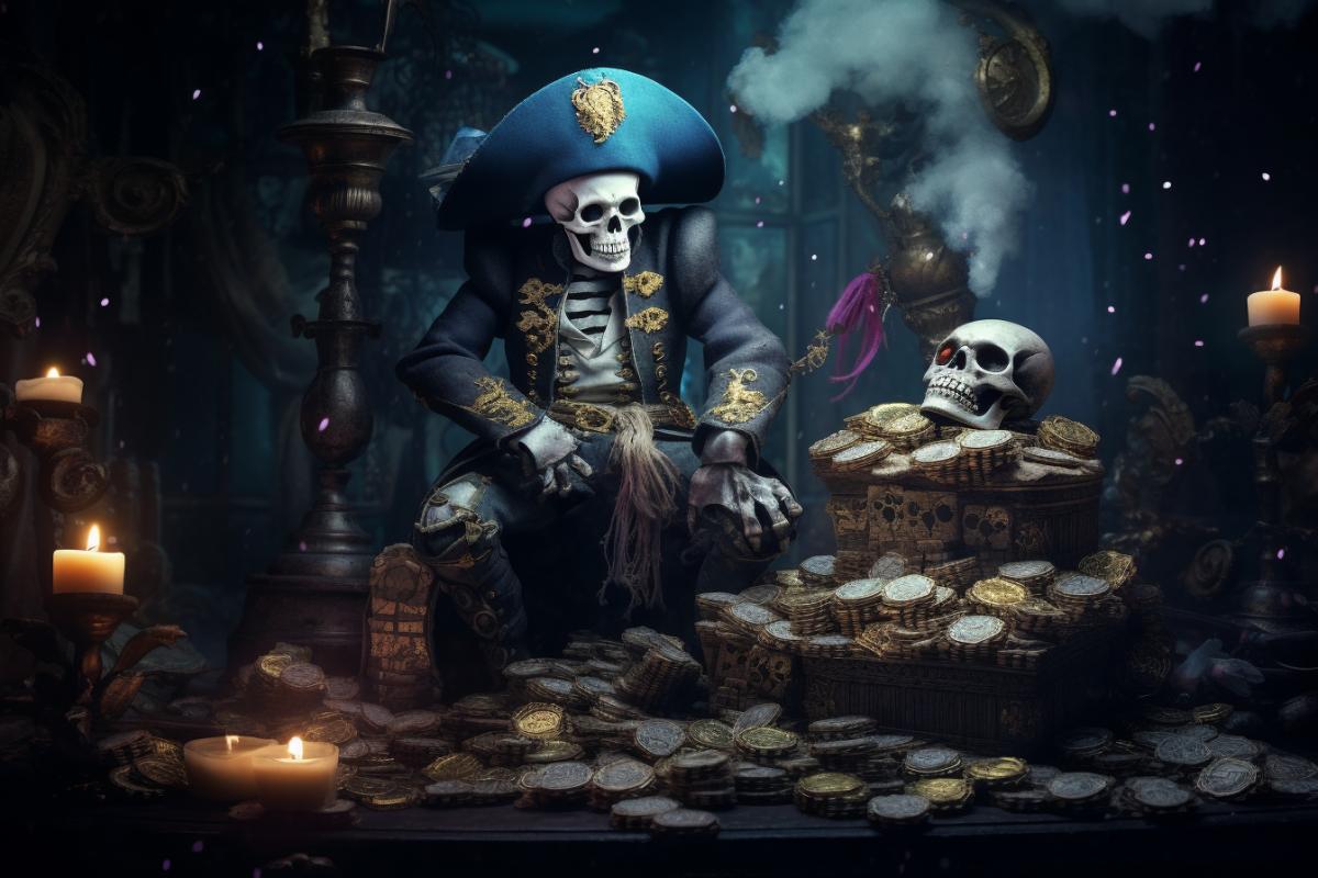 Ghost pirates drink beer on a huge pile of treasure and gold
