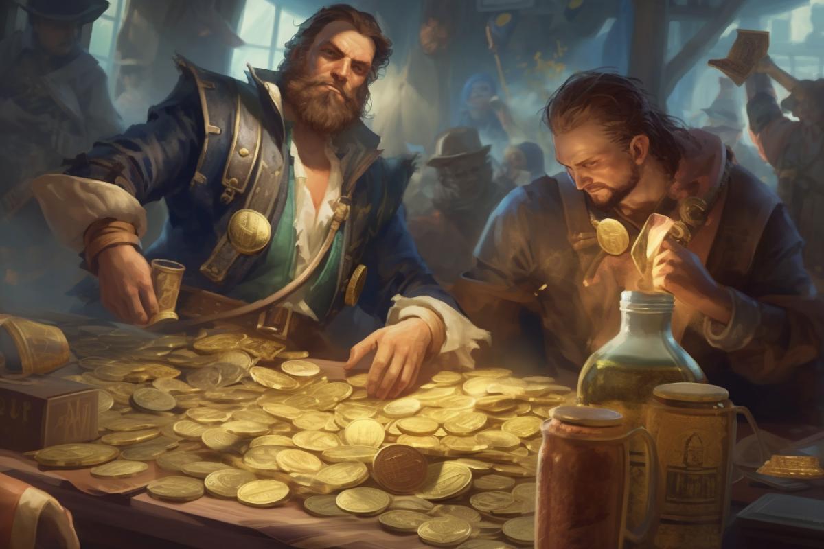 Ghost pirates drink beer on a huge pile of treasure and gold