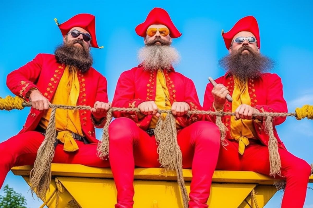 red liquidthirsty bearded pirates with sabers on a barbie style ship