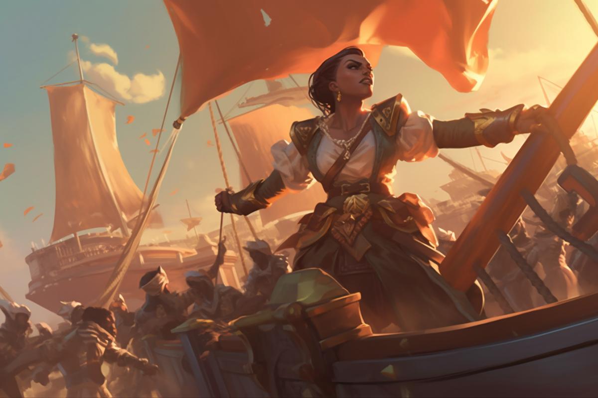 Charming female pirates with sabers, in pirate costumes, a sinister ship
