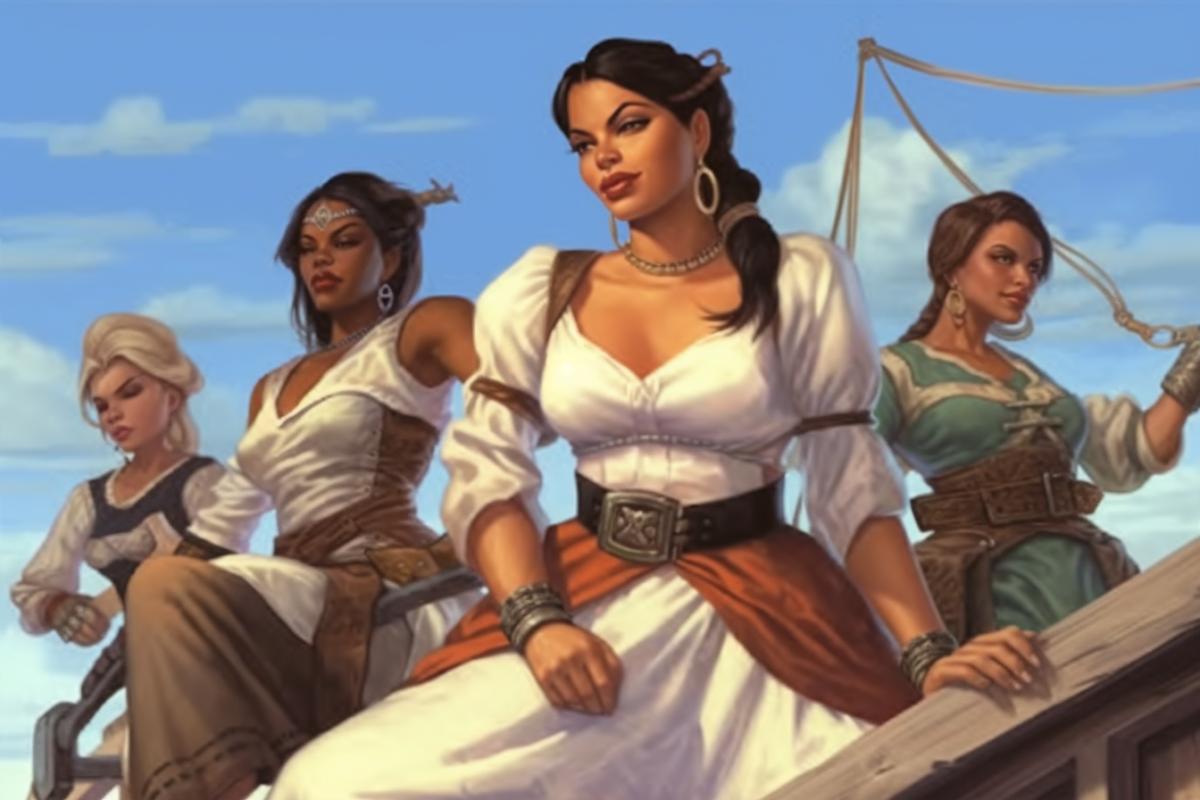 Charming female pirates with sabers, in pirate costumes, a sinister ship