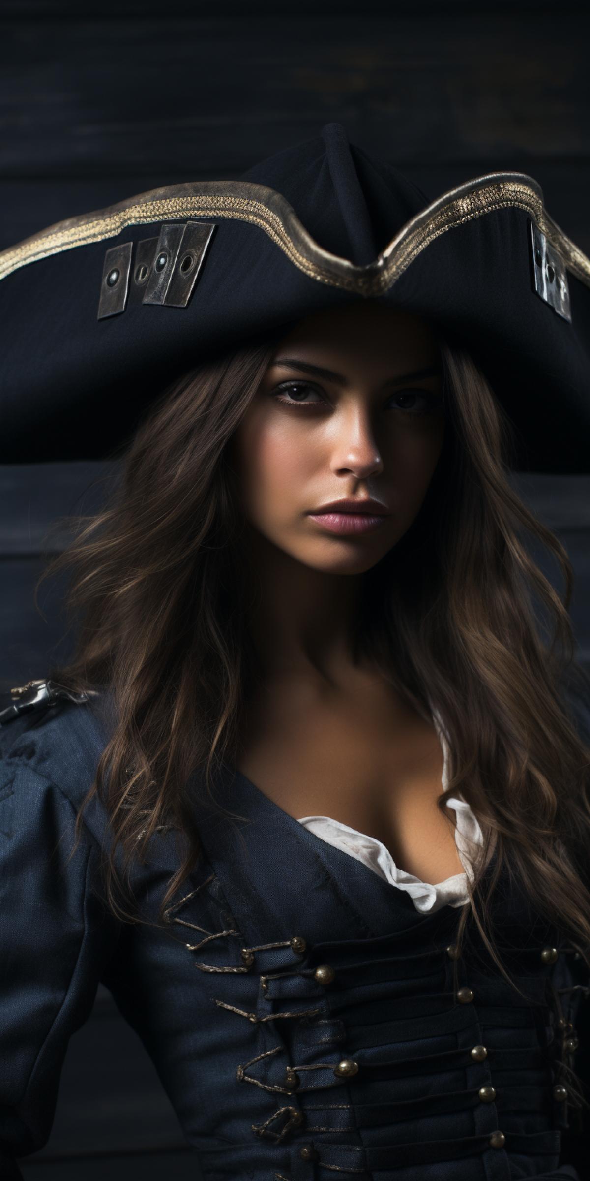 Emily Ratajkowski in arocketed hat with a musket, a photo shoot for a movie about pirates