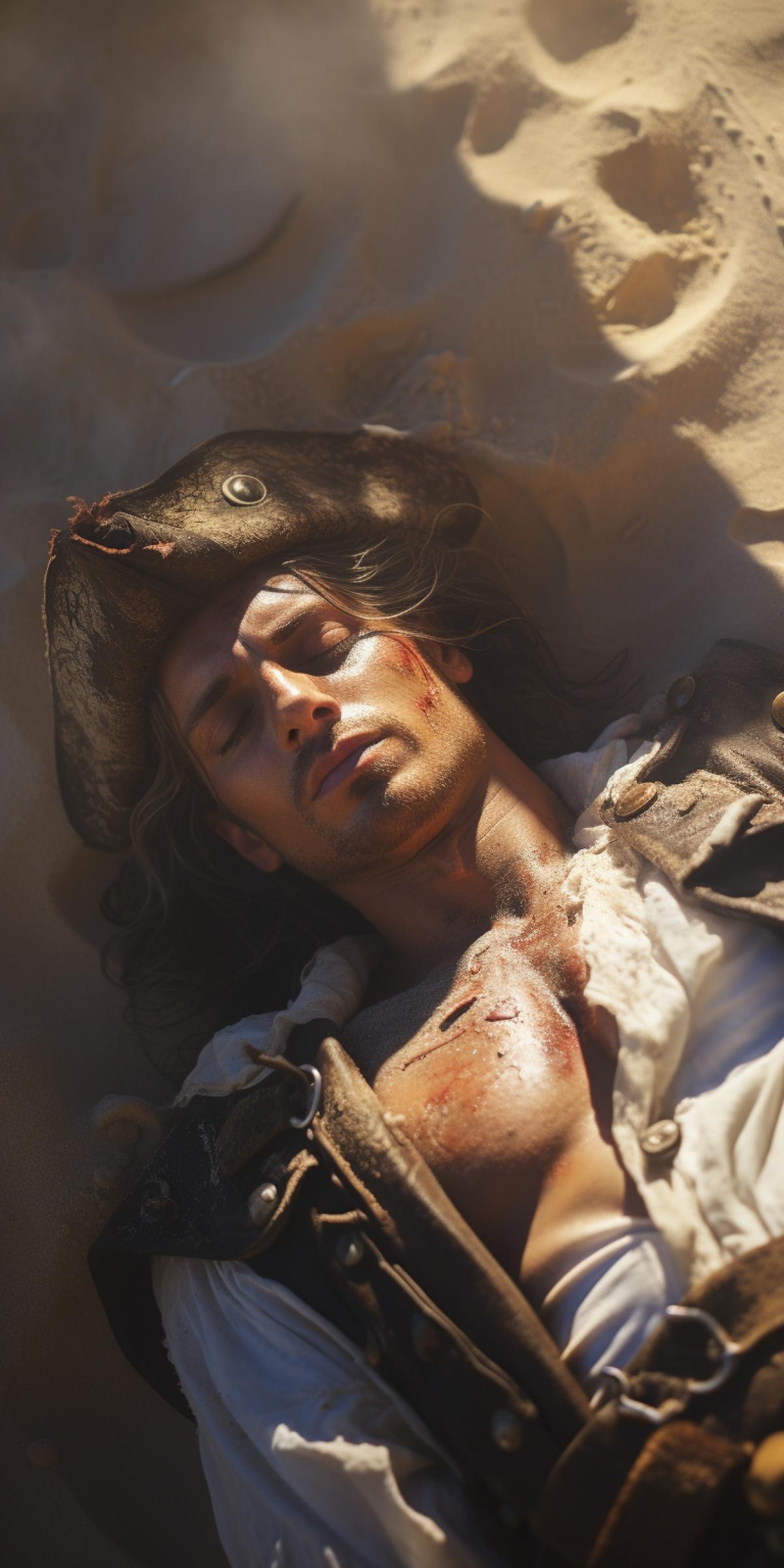 Muscular pirate lies on the coastal sand, top view, grainy photo, high resolution, depth of field, reflections and glare